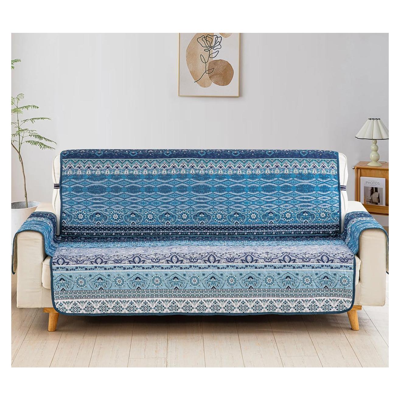 Funda de Sofá Boho WONGS BEDDING Azul Rayas 3 Plazas 168 cm