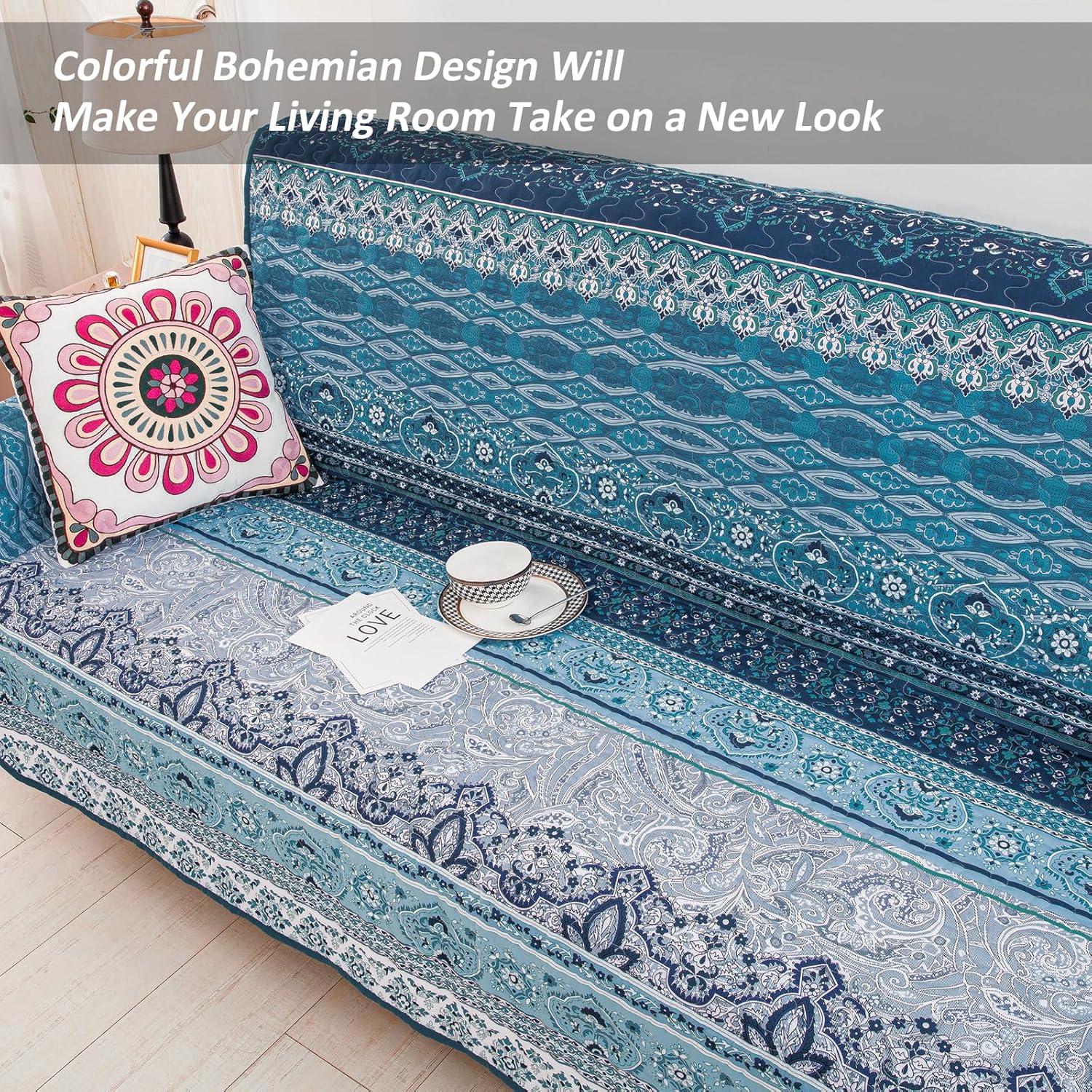 Funda de Sofá Boho WONGS BEDDING Azul Rayas 3 Plazas 168 cm