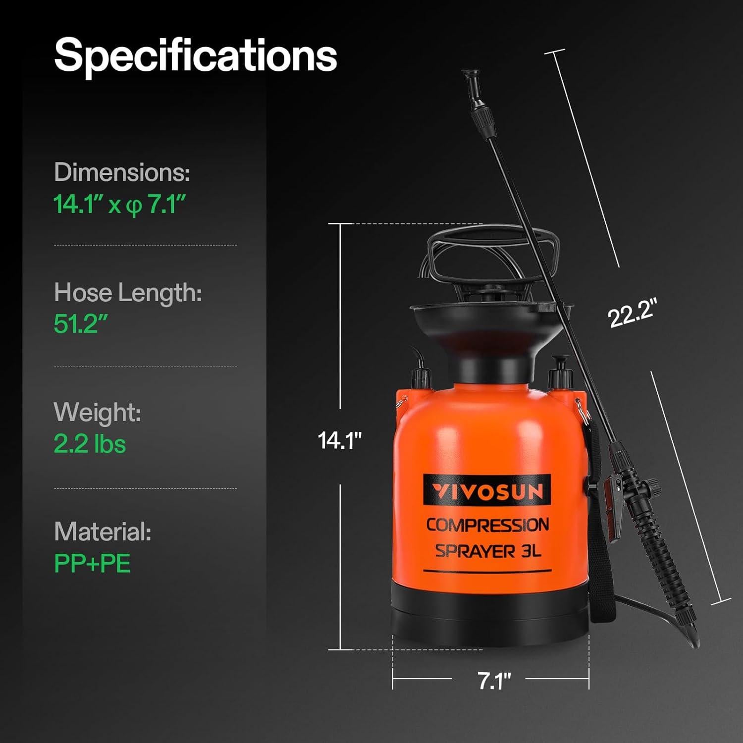 Pulverizador de Presión VIVOSUN 3L Naranja con Correa Ajustable