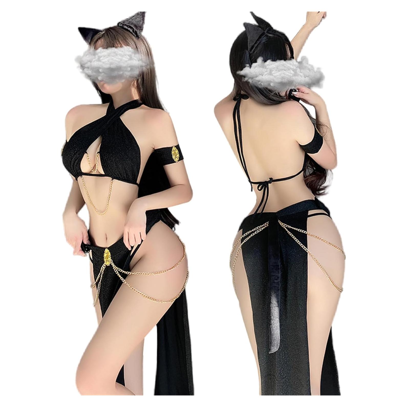 Conjunto de Disfraces de Cosplay Mujer Gato Negro Lencería