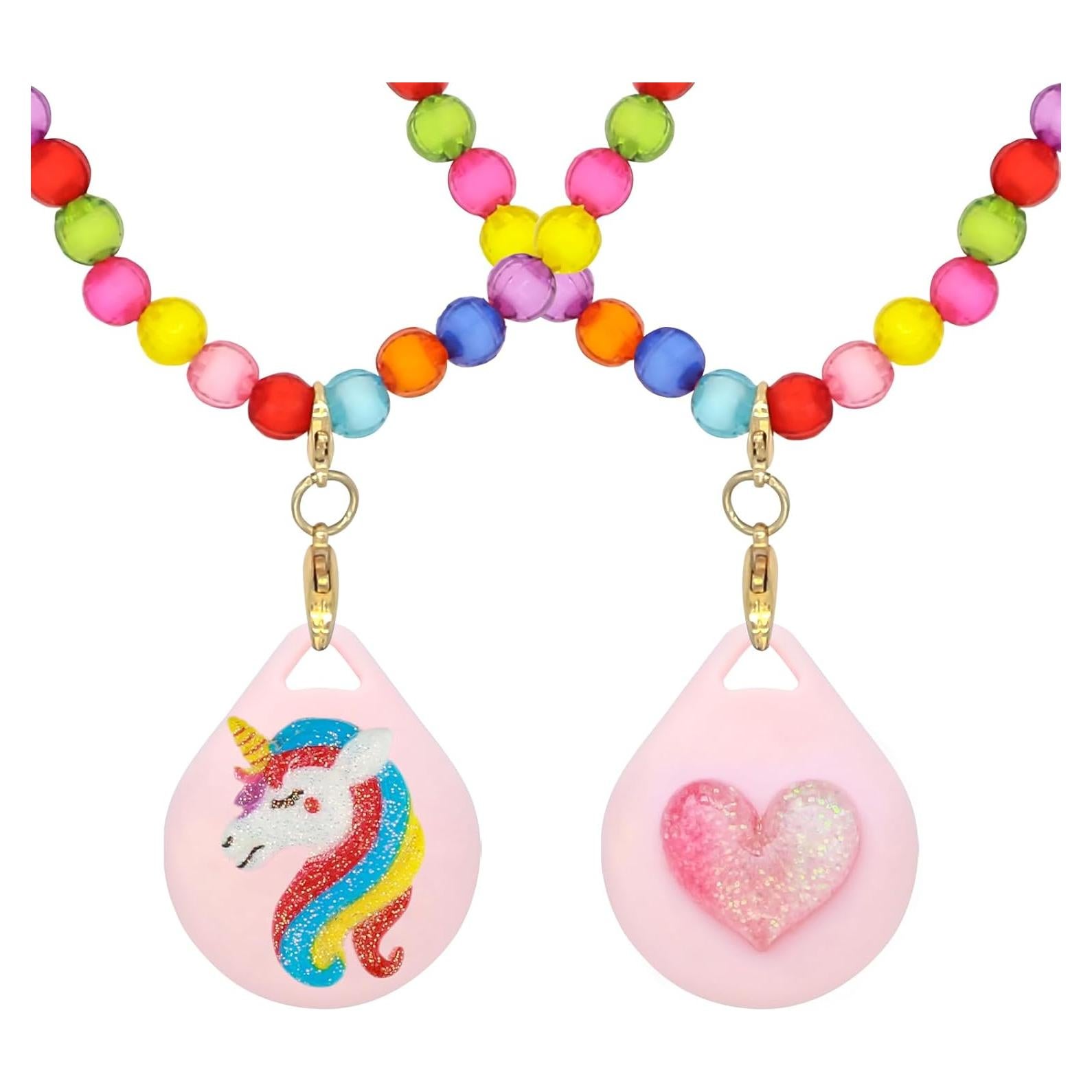 2 Pack Kids Necklace Holder for Airtag, Cute Pink Heart-Unicorn Beaded Necklace Case for Girls