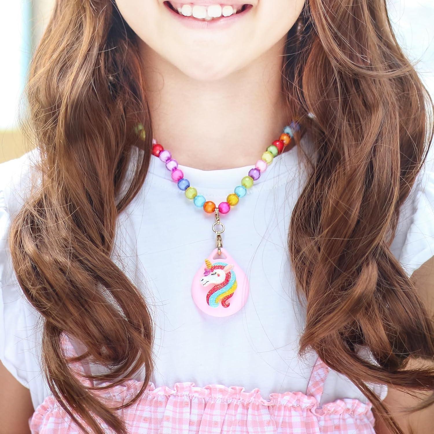 2 Pack Kids Necklace Holder for Airtag, Cute Pink Heart-Unicorn Beaded Necklace Case for Girls