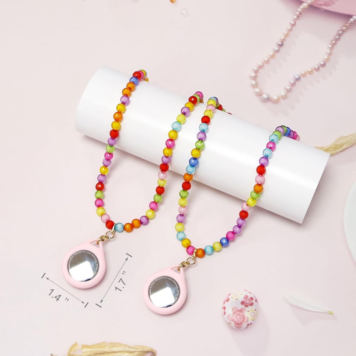 2 Pack Kids Necklace Holder for Airtag, Cute Pink Heart-Unicorn Beaded Necklace Case for Girls