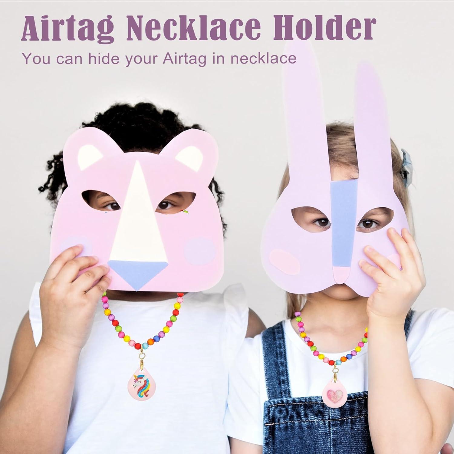 2 Pack Kids Necklace Holder for Airtag, Cute Pink Heart-Unicorn Beaded Necklace Case for Girls