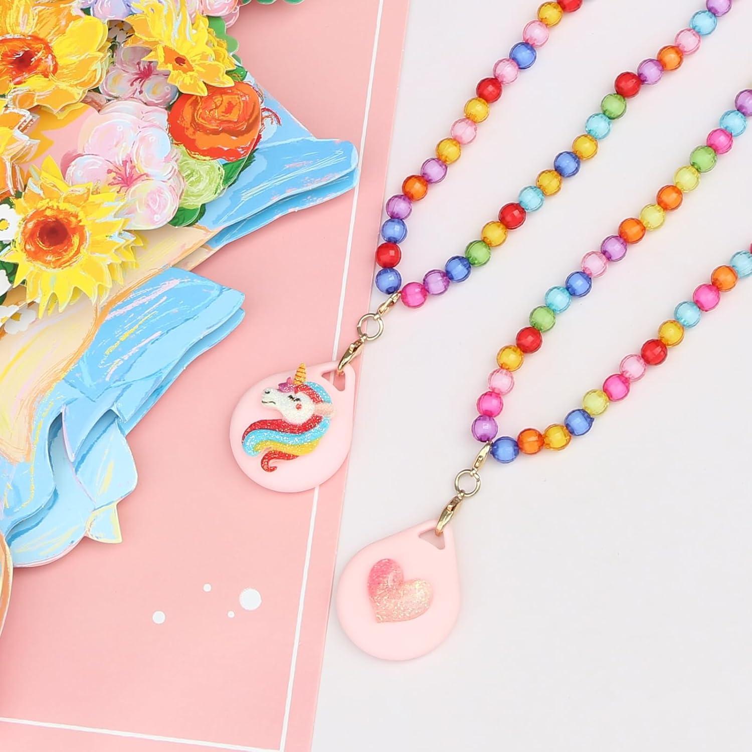 2 Pack Kids Necklace Holder for Airtag, Cute Pink Heart-Unicorn Beaded Necklace Case for Girls