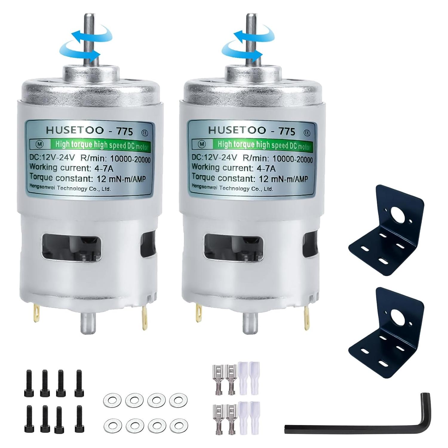 775 DC Motor 12v DC Motor High Torque DC Motor Max 20000 RPM Dual Ball Bearings Quiet Power Wheels Motor Upgrade DC Motor（with Bracket） (D Shaft Motors-2Pack)