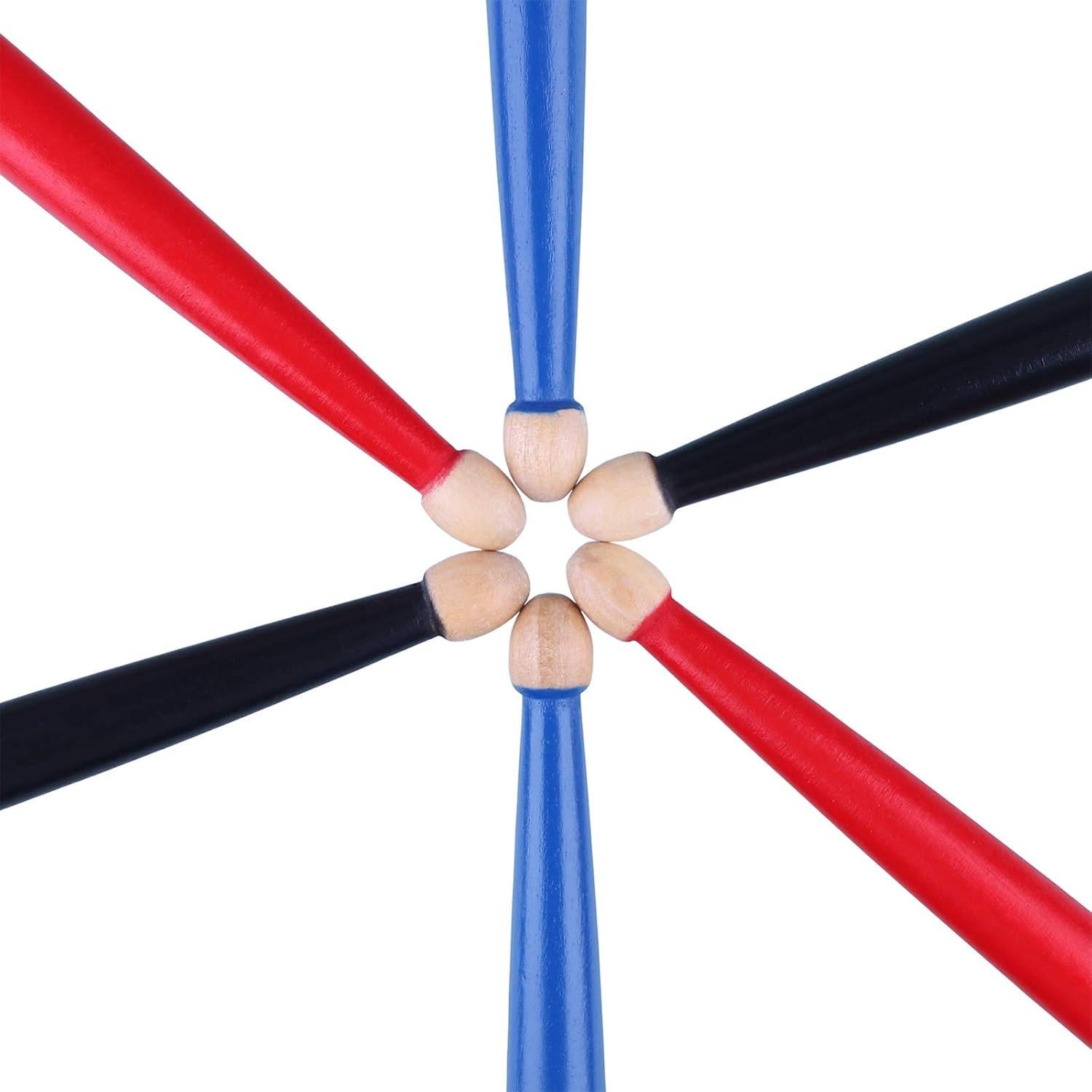 Antner 3 Pares Palos de Batería 7A Madera Arce Negro/Rojo/Azul