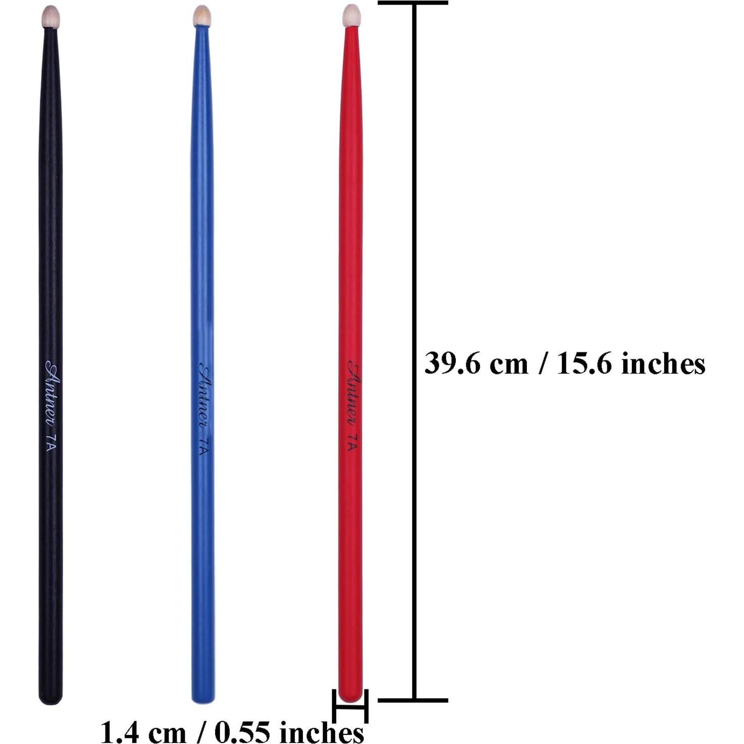 Antner 3 Pares Palos de Batería 7A Madera Arce Negro/Rojo/Azul