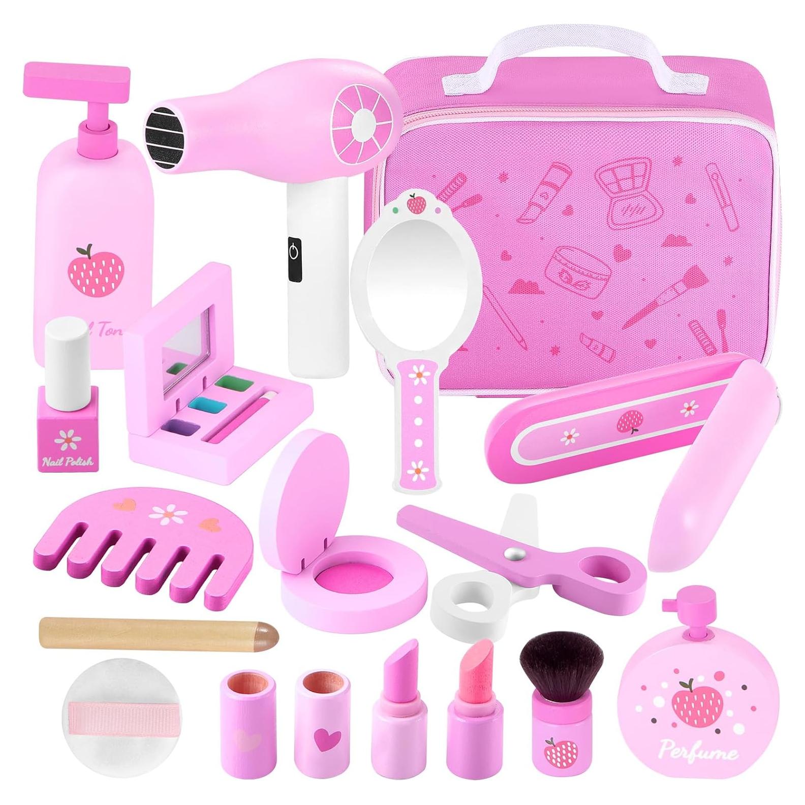 GAGAKU Wooden Makeup Toy Set Pretend Wood Beauty Hair Salon Toys for Toddler Wooden Makeup Kit for Girls with Styling Tools Christmas Birthday Gift for 3 4 5 6 7 Years Old Girls