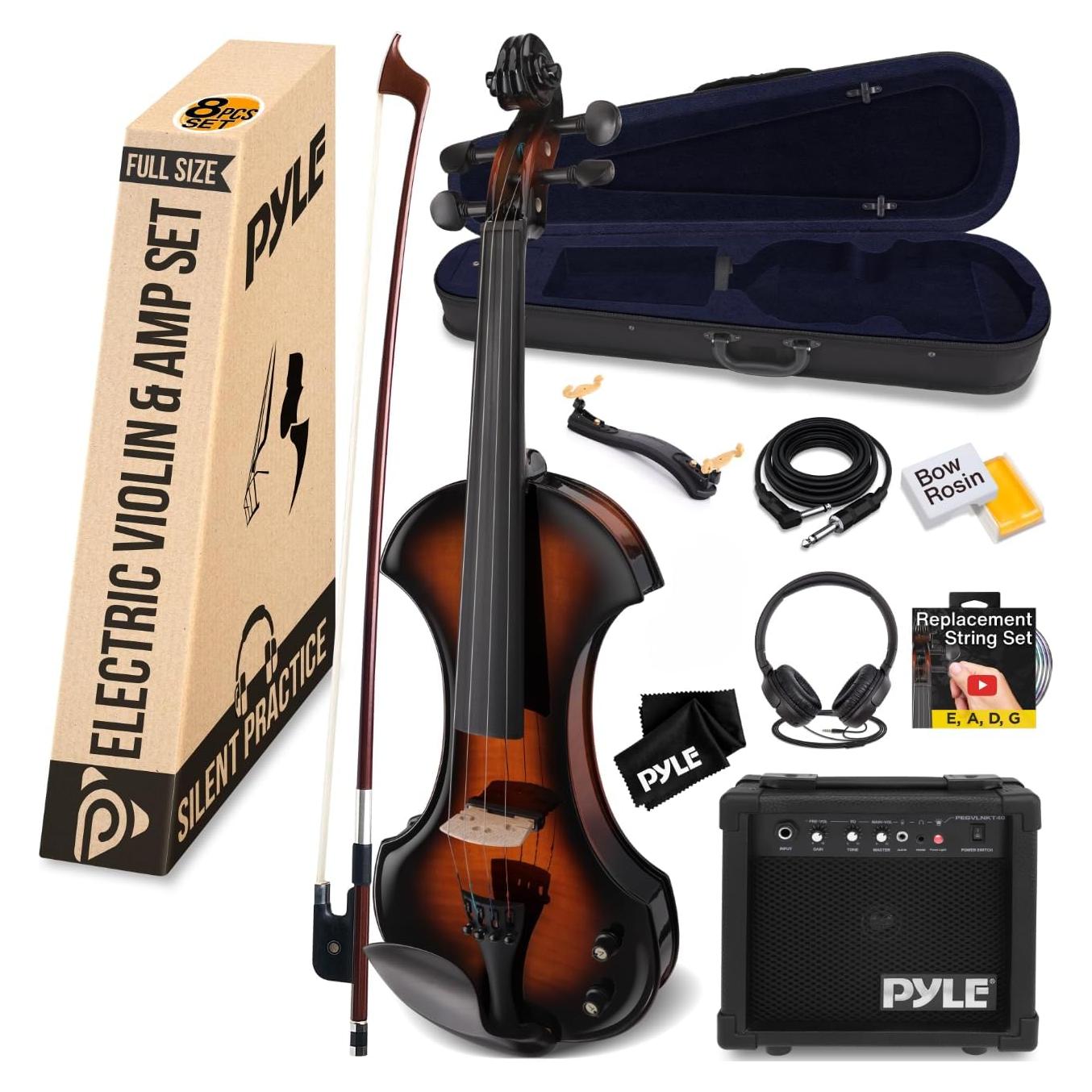 Violín Eléctrico Pyle 4/4 Sunburst con Amplificador y Accesorios