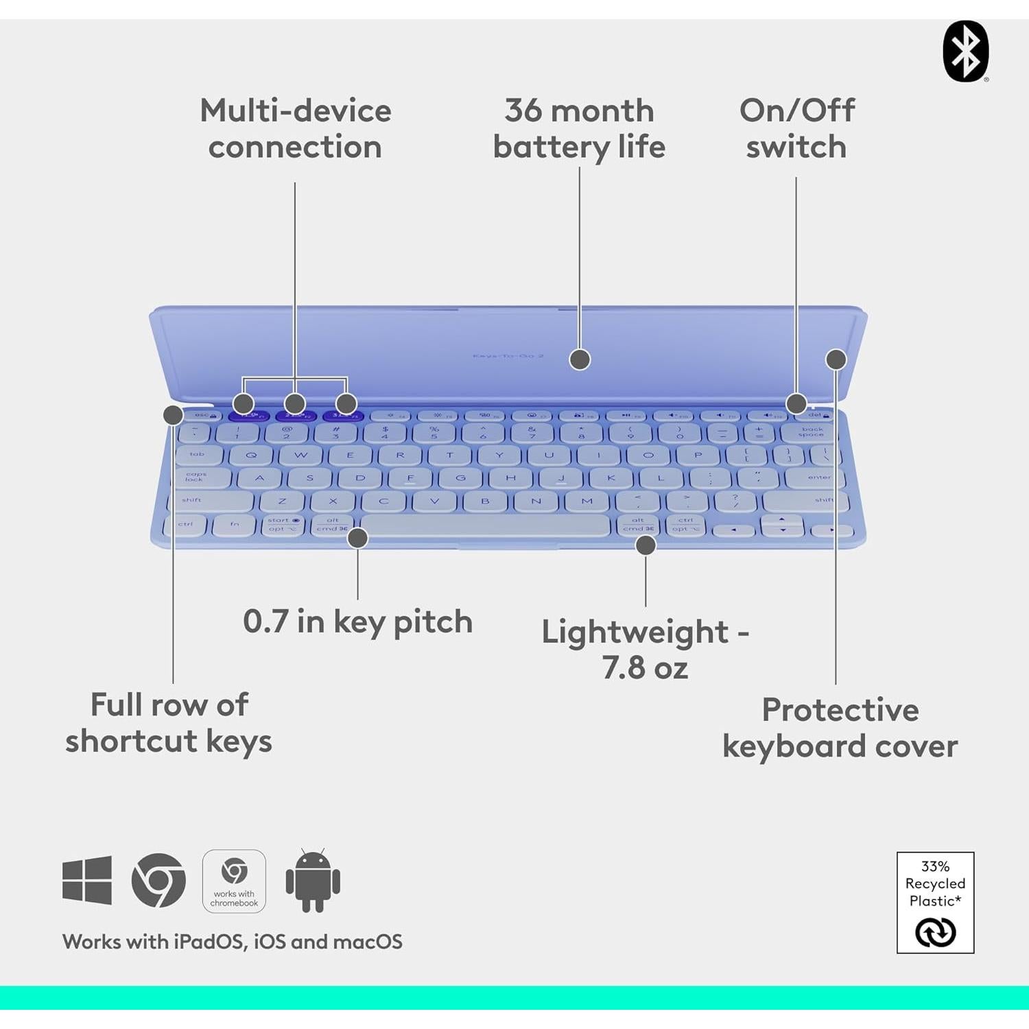 Teclado Bluetooth Logitech Keys-To-Go 2 Ultra Portátil Lila