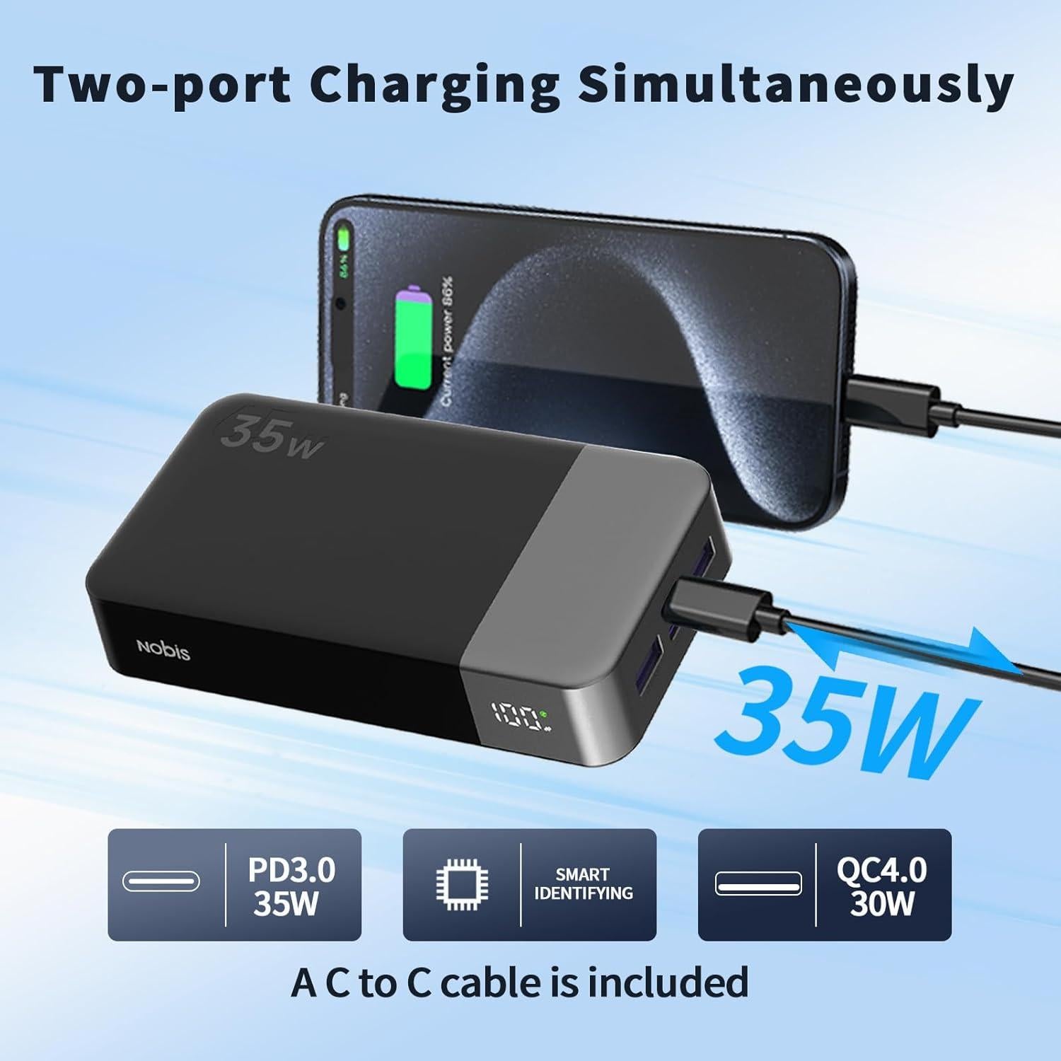 Cargador Portátil NOBIS 20000mAh 35W Carga Rápida USB-C