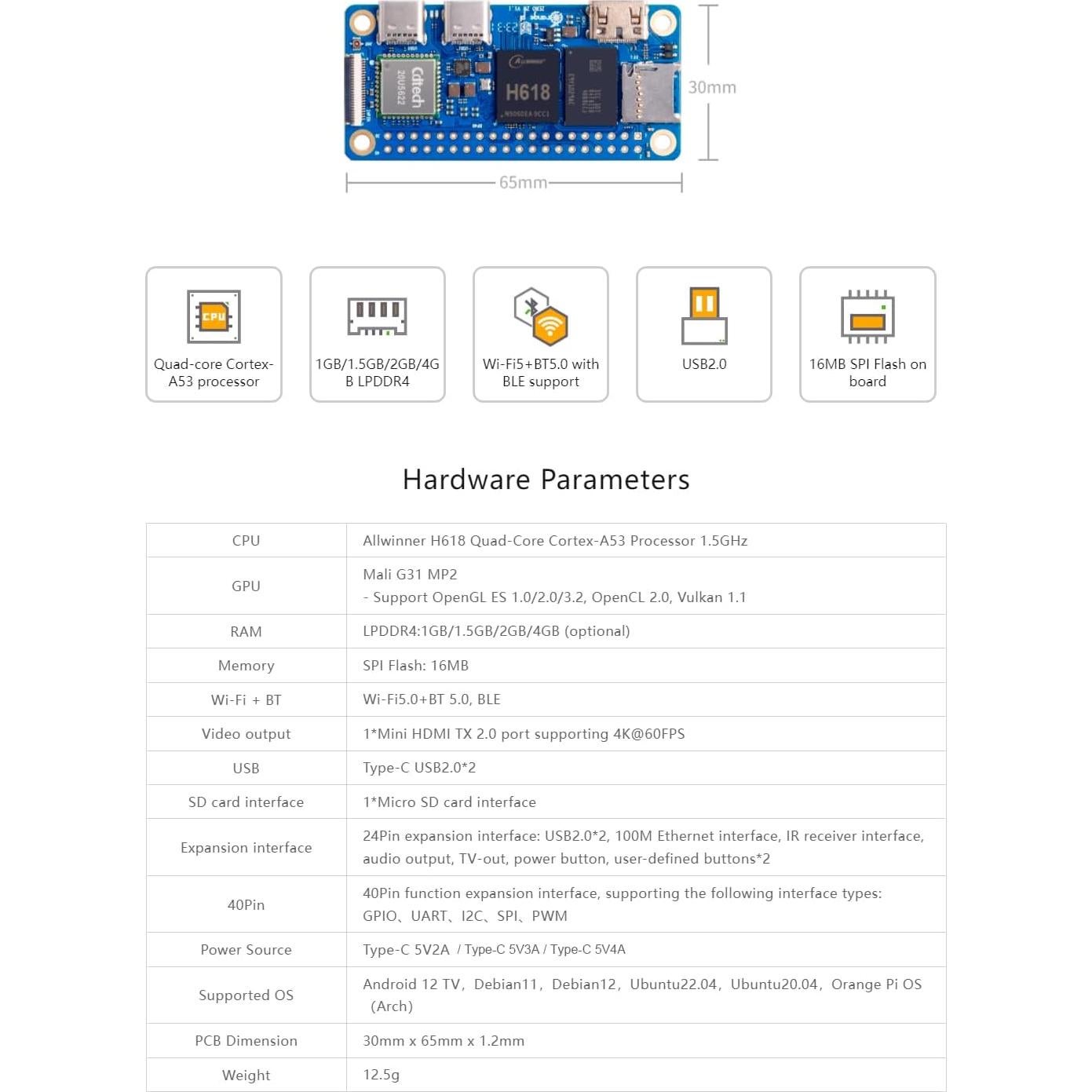 Mini PC Orange Pi Zero 2W 1GB Quad Core 1.5GHz 4K