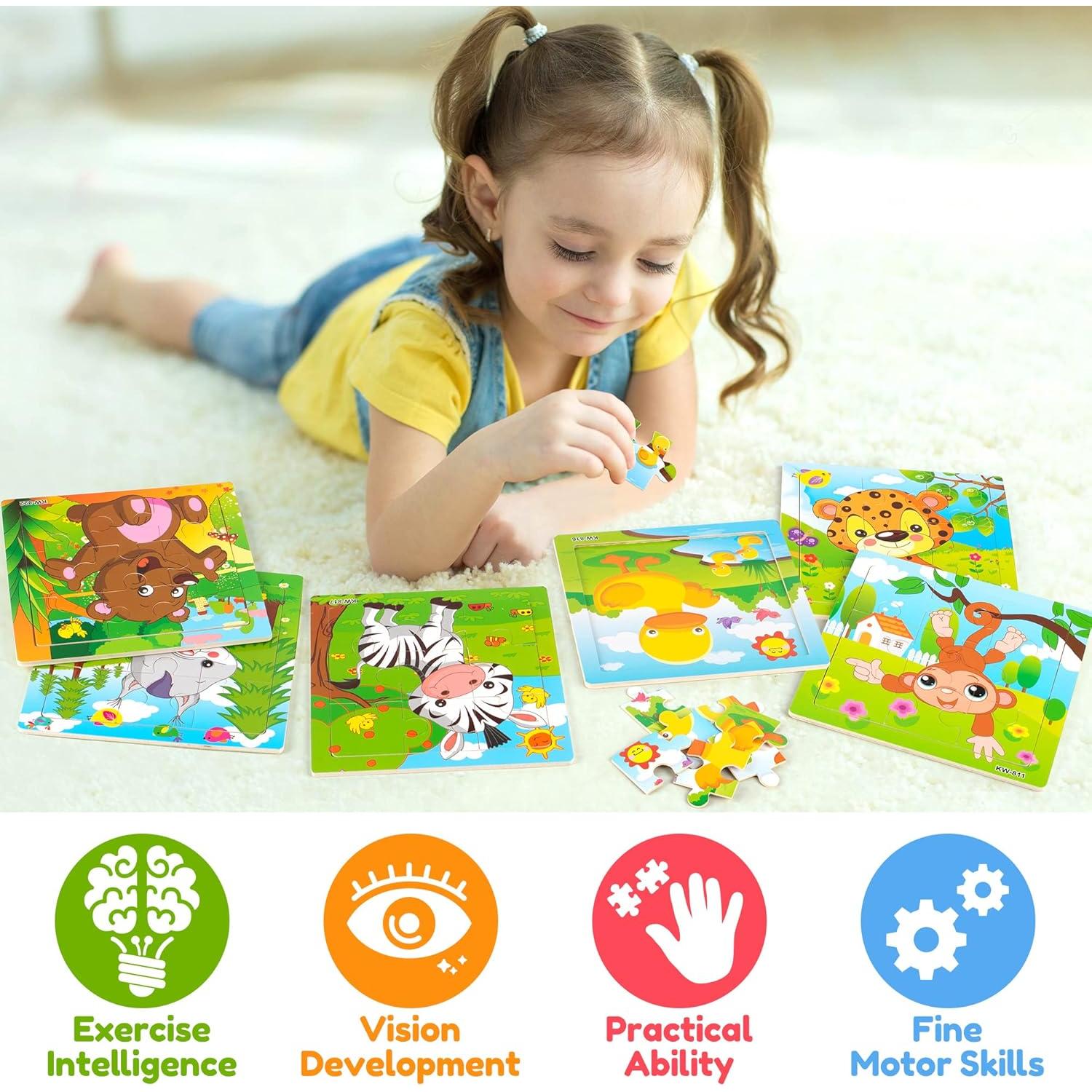 SYNARRY 6 Pack Wooden Jigsaw Puzzles for Kids Ages 2-5 Years Old, 9 Pieces Toddlers Animal Puzzles, Educational Preschool Learning Toys for Children Boys and Girls, Best Kids Puzzle Toys & Gifts