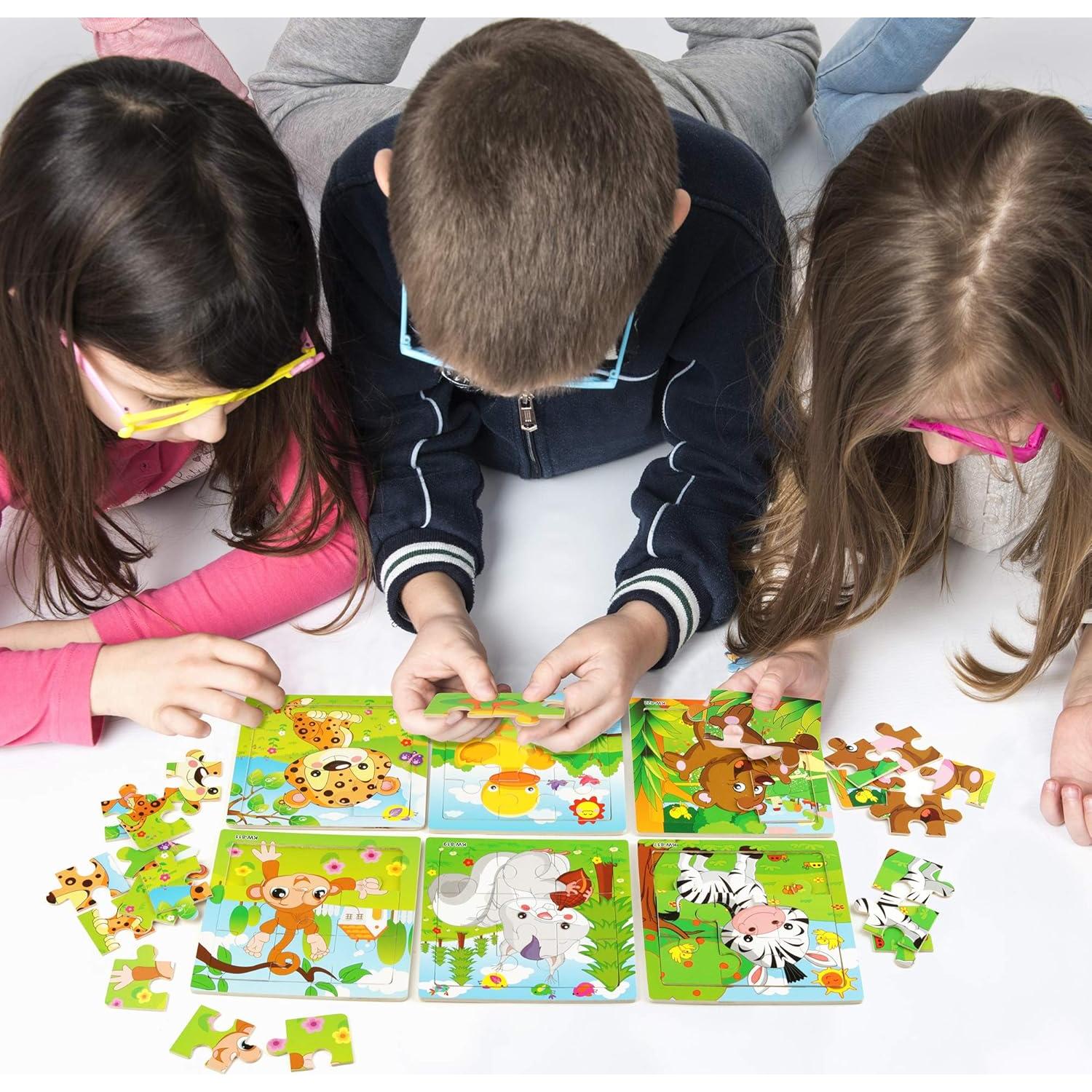 SYNARRY 6 Pack Wooden Jigsaw Puzzles for Kids Ages 2-5 Years Old, 9 Pieces Toddlers Animal Puzzles, Educational Preschool Learning Toys for Children Boys and Girls, Best Kids Puzzle Toys & Gifts