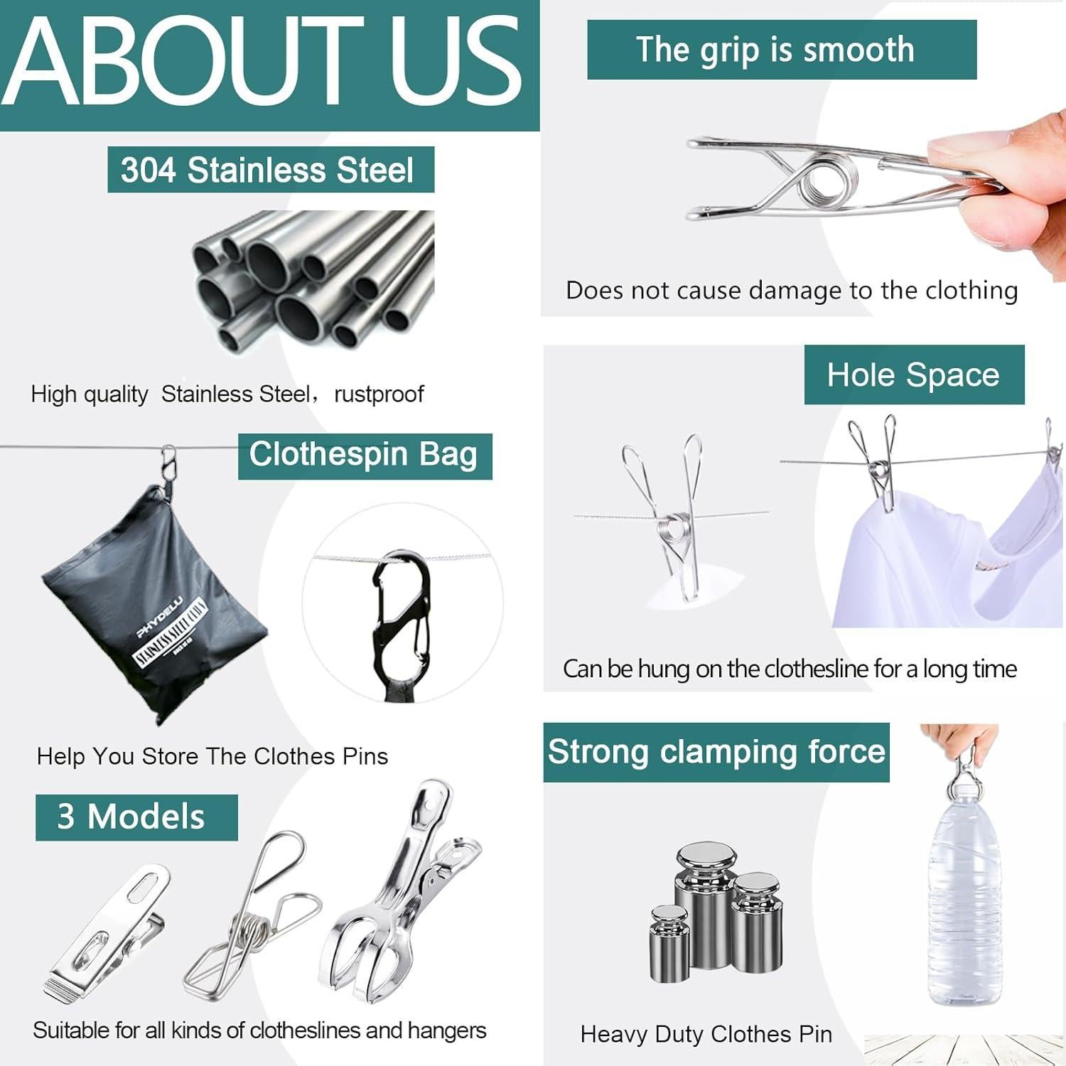 40 Pinzas de Acero Inoxidable PHYDELU para Ropa y Snacks