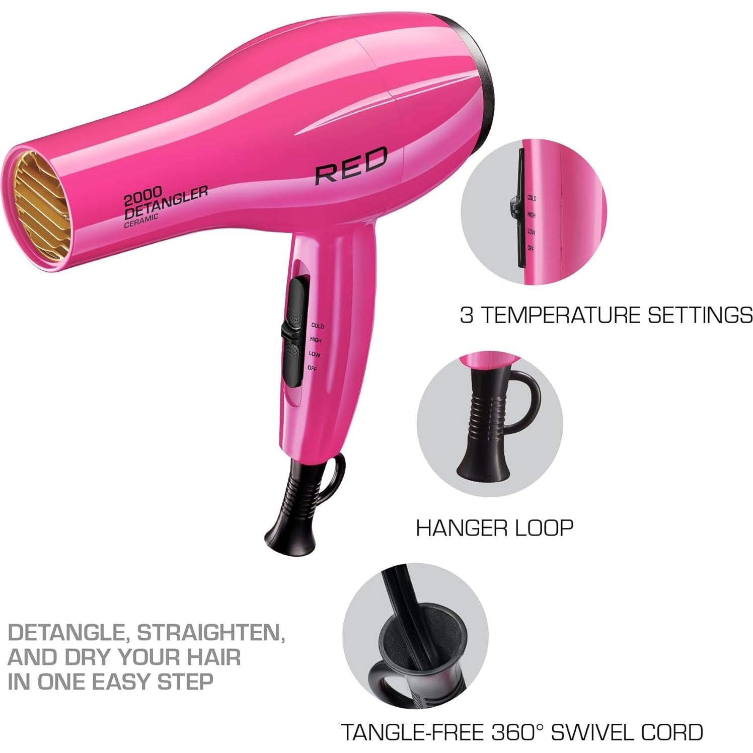 Secador de Pelo Cerámico RED by KISS 2000 Rosa, 3 Temperaturas