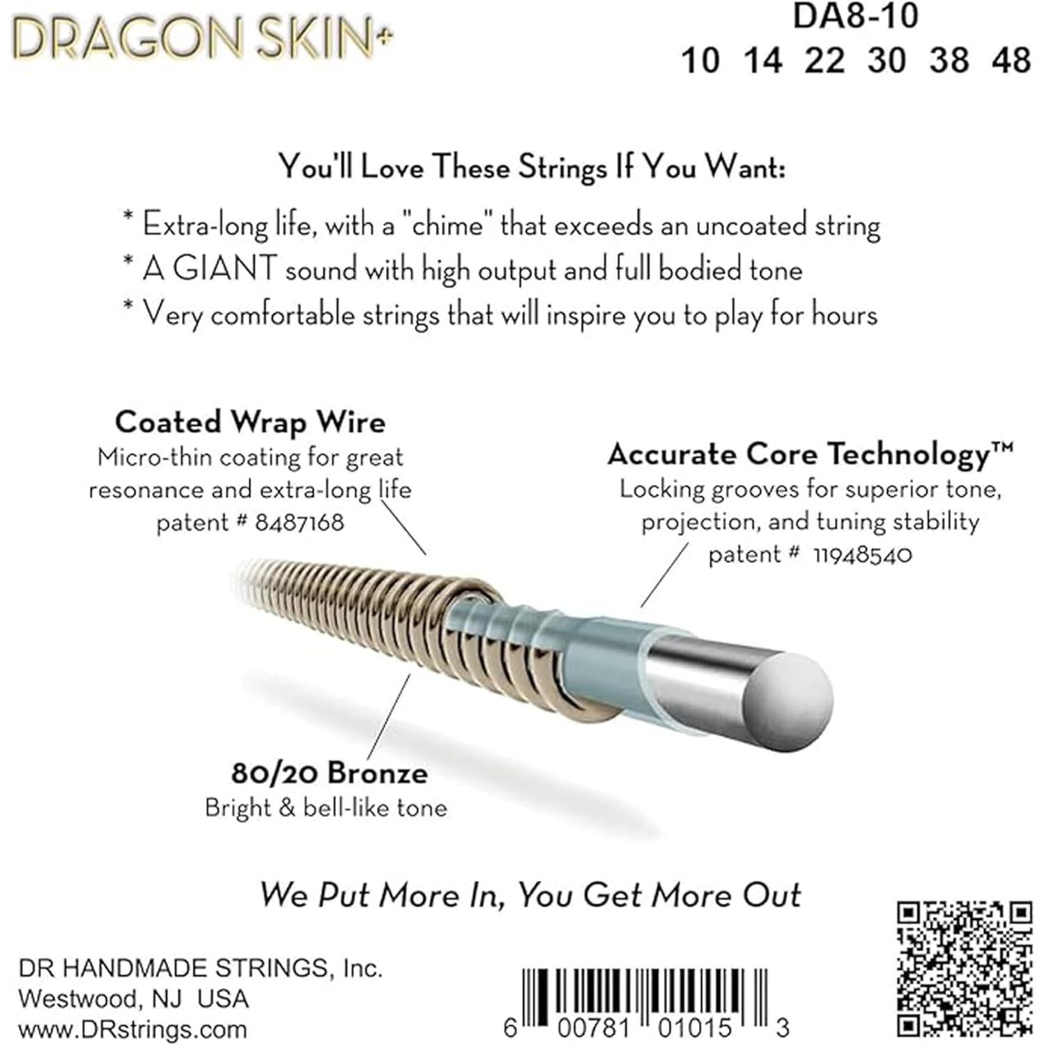 Cuerdas para guitarra DR Strings Dragon Skin+ 10-48 Bronce
