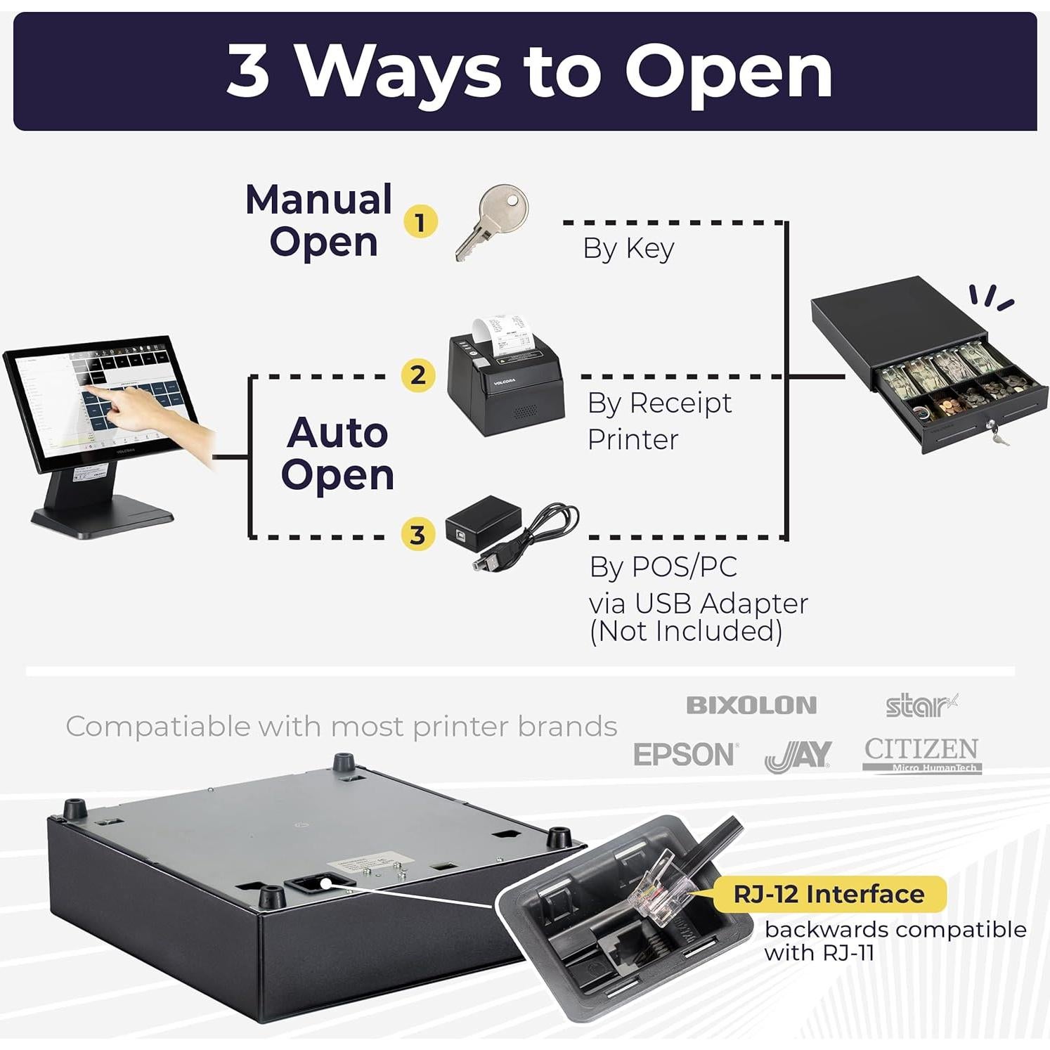 Cajón de Efectivo Volcora 33cm para POS 4 Billetes 5 Monedas