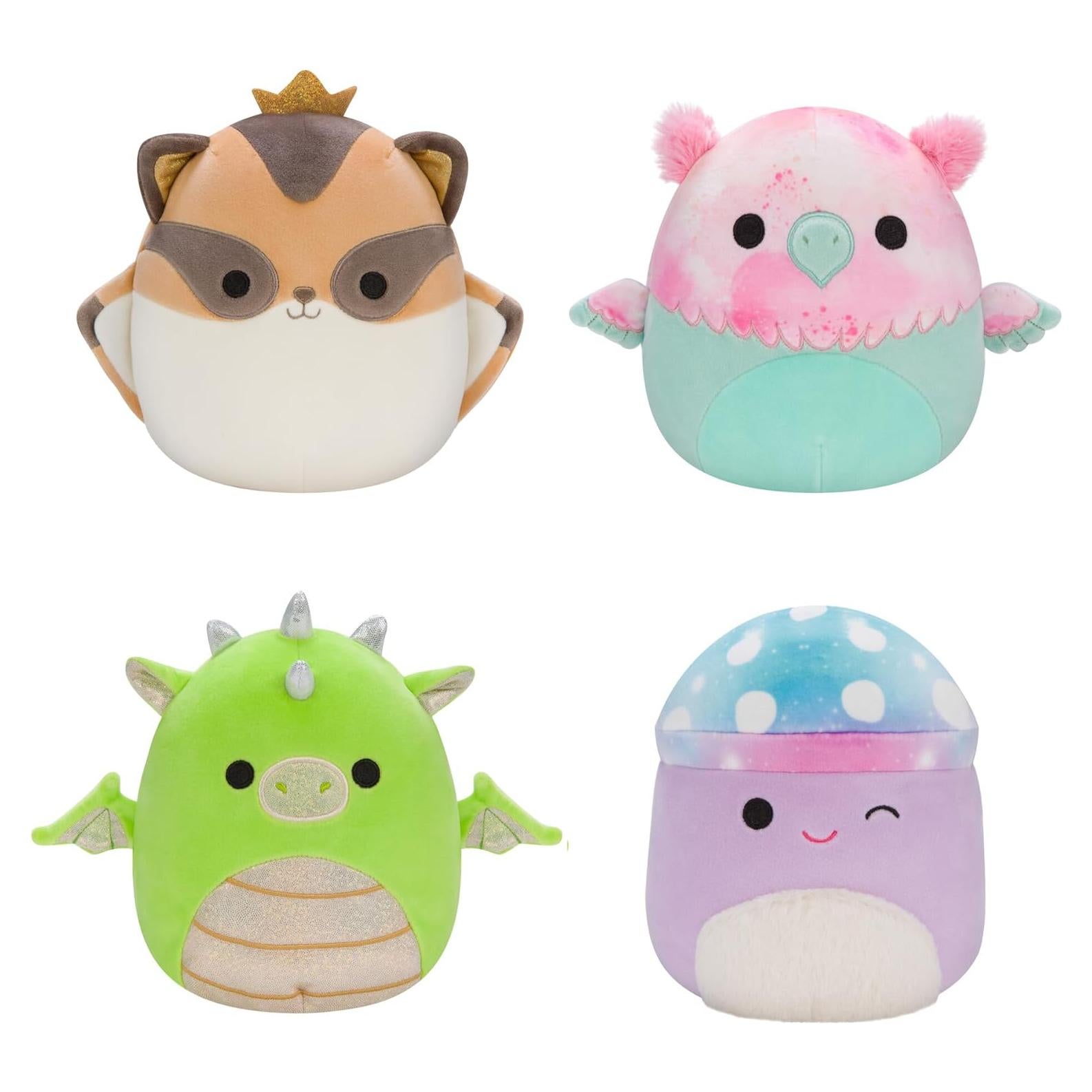 Squishmallows Original 7-Inch Fantasy Box Set – Eyk Lime Green Dragon, Gala Teal and Pink Griffin, Minya Purple Galaxy Mushroom, Ziv Sugar Glider with Crown – Official Jazwares Plush (Little)