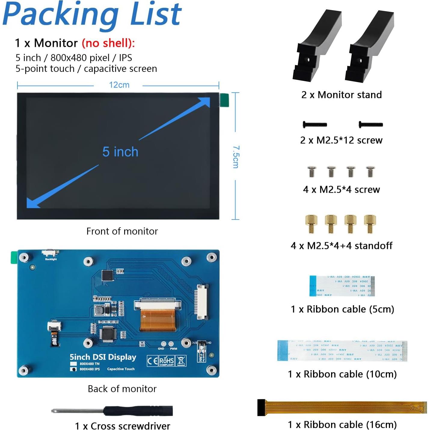 Monitor Táctil 5" FREENOVE IPS 800x480 para Raspberry Pi