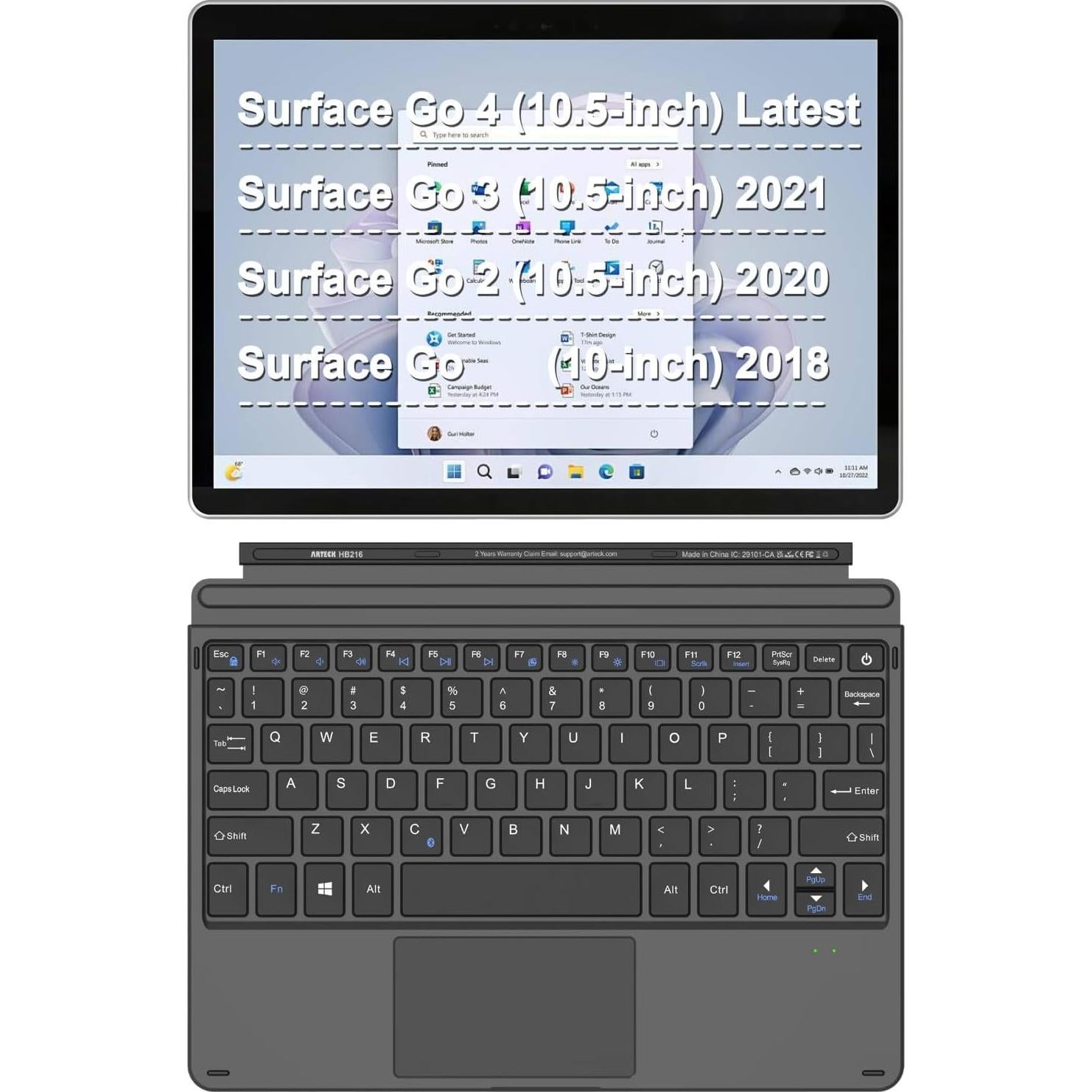 Teclado Bluetooth Arteck para Surface Go 4/3/2 Ultra Delgado