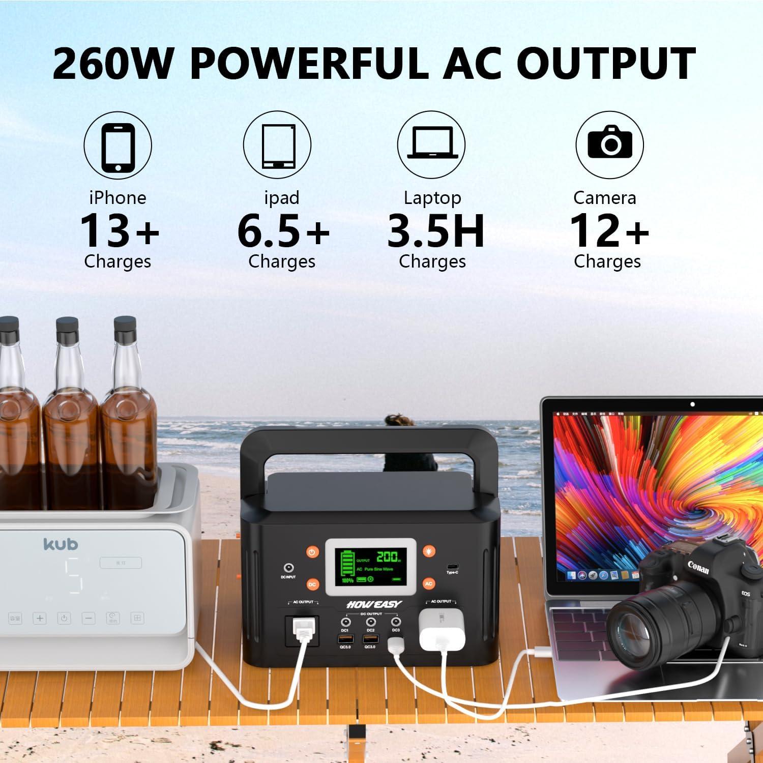 HOWEASY 260W Portable Power Station.178Wh Solar Generator(Solar Panel Not Included) with 2 110V/260W AC Power Socket Backup Power Supply, Suitable for CPAP, Outdoor Camping Travel Home Emergency