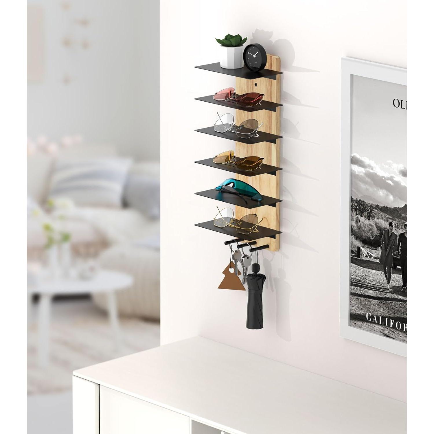 Organizador de Gafas MoKo de Madera Rústica 6 Niveles con Ganchos