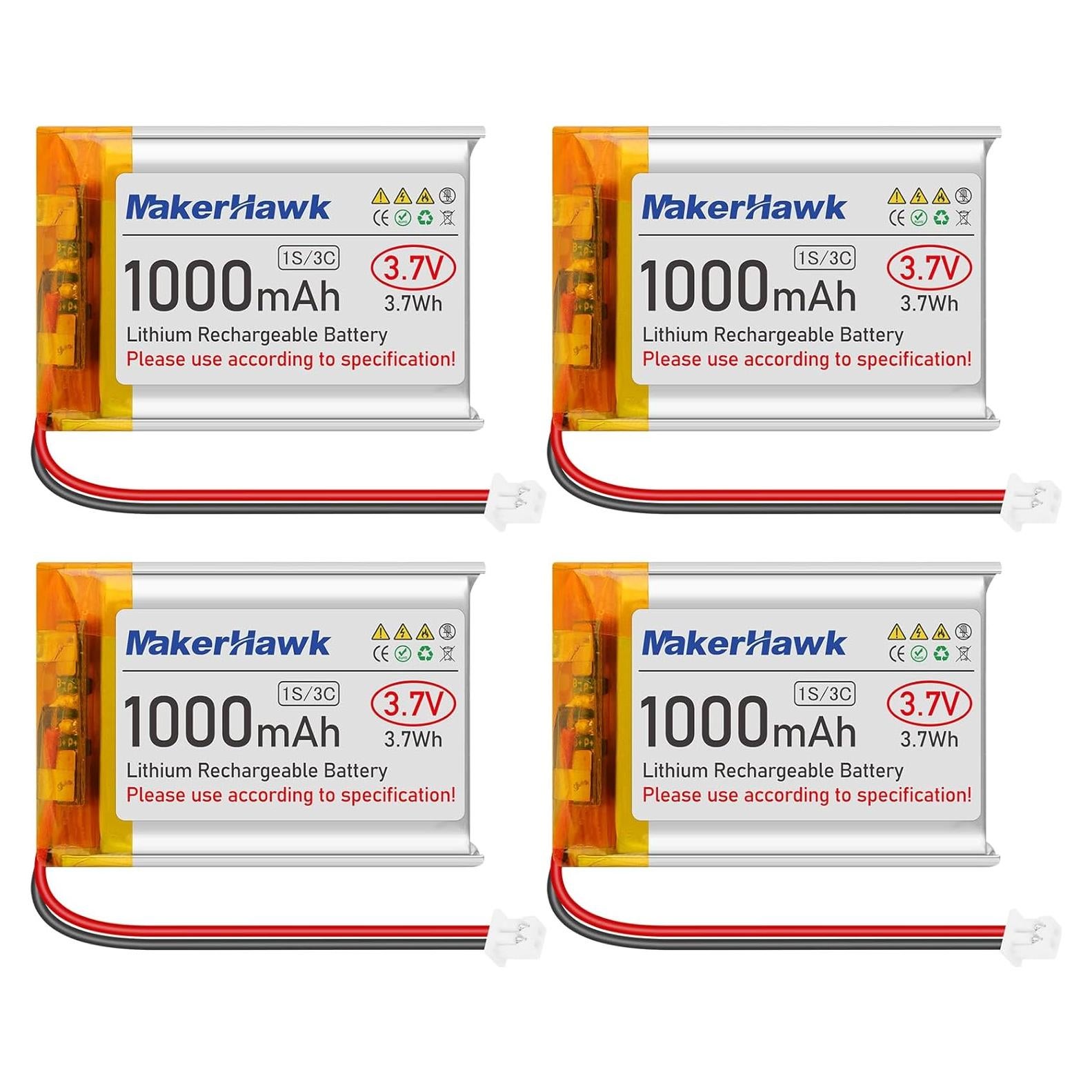 Batería LiPo 3.7V 1000mAh MakerHawk 4 Pcs con Conector