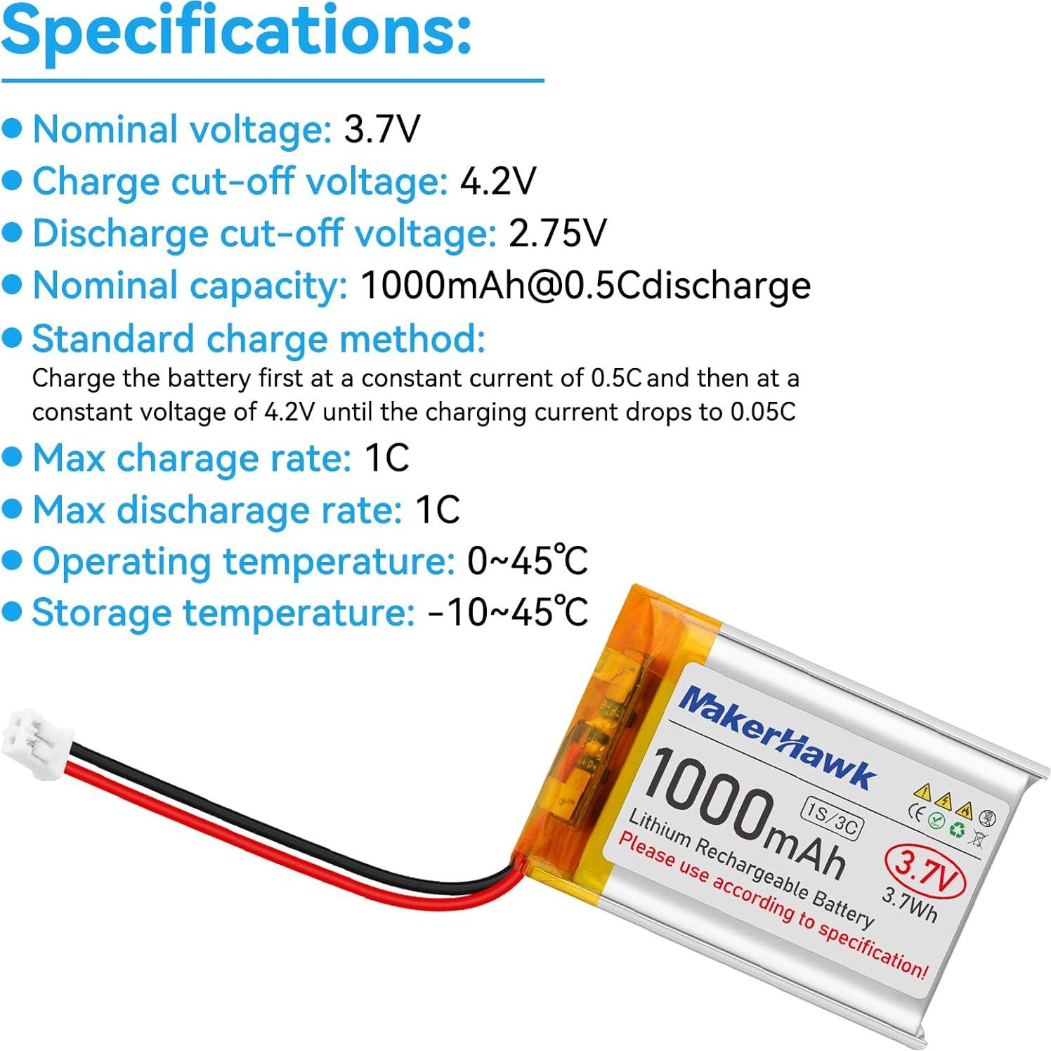 Batería LiPo 3.7V 1000mAh MakerHawk 4 Pcs con Conector