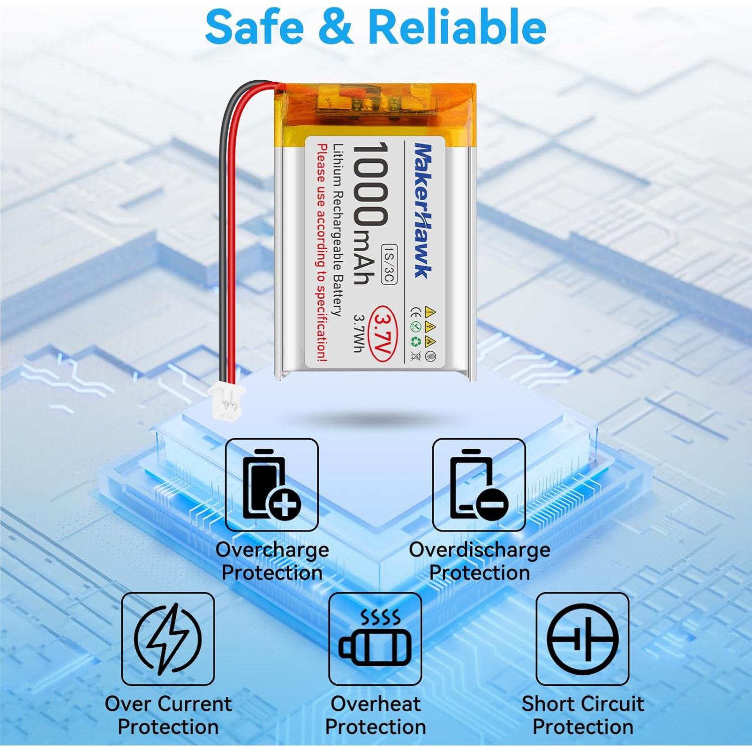 Batería LiPo 3.7V 1000mAh MakerHawk 4 Pcs con Conector