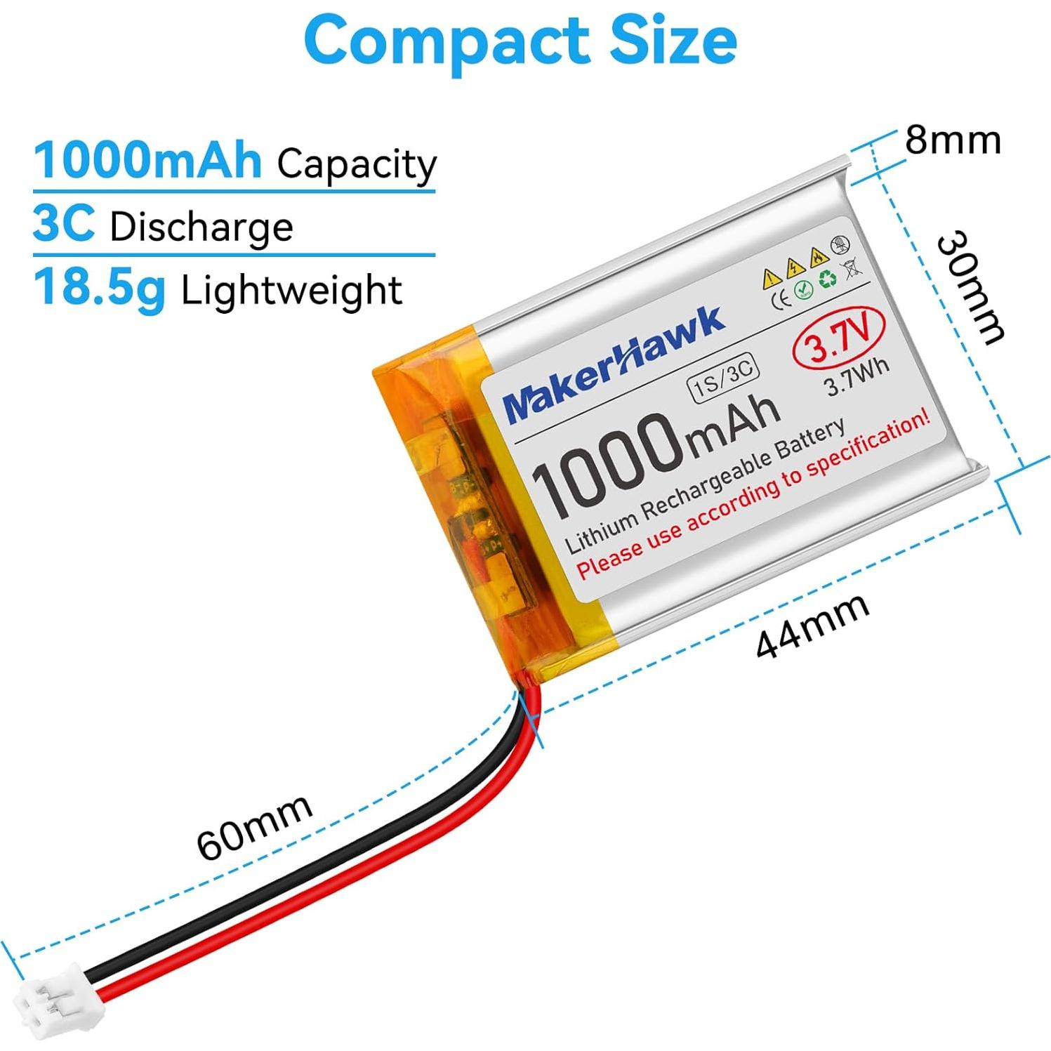 Batería LiPo 3.7V 1000mAh MakerHawk 4 Pcs con Conector