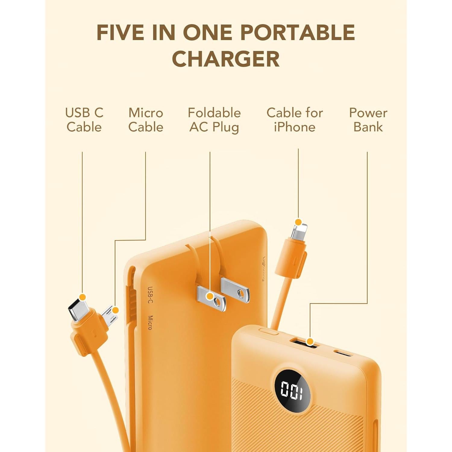 Cargador Portátil VRURC 10000mAh con Cables Integrados