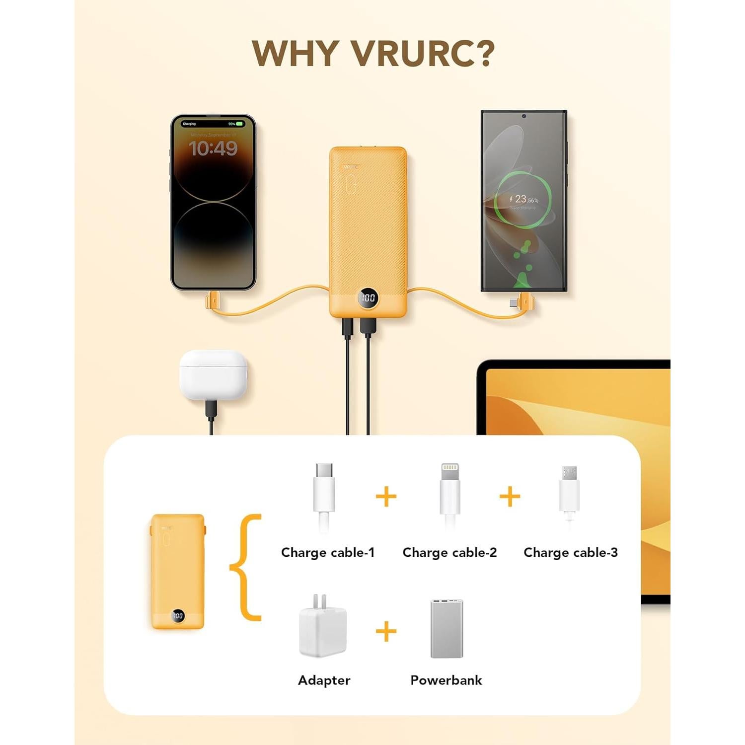 Cargador Portátil VRURC 10000mAh con Cables Integrados