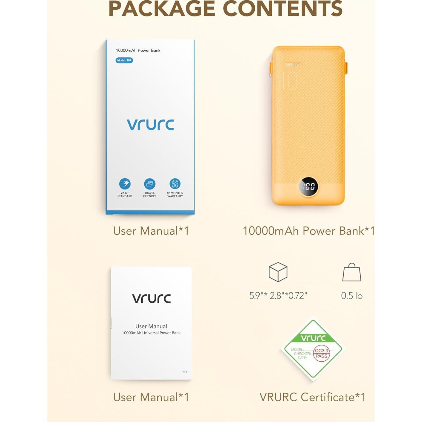 Cargador Portátil VRURC 10000mAh con Cables Integrados