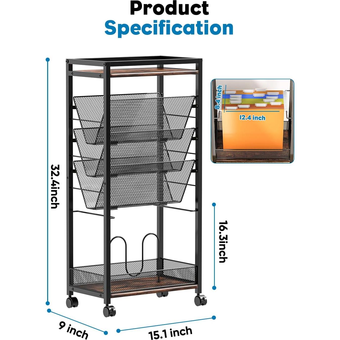 Carro Rodante de Archivos LIDTOP 8 Niveles Negro MDF y Metal