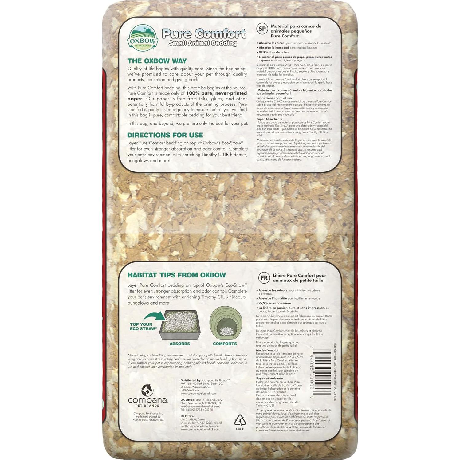 Cama para Conejos Oxbow Pure Comfort 36L, 99.9% Libre de Polvo