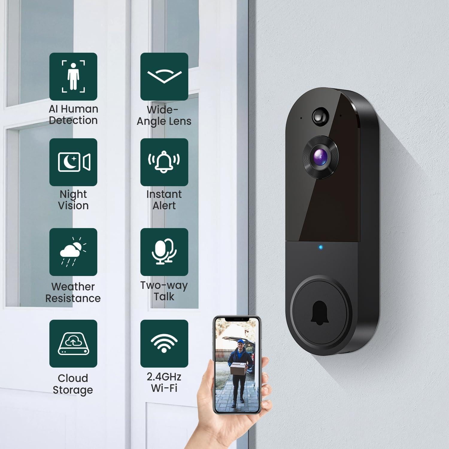 Cámara de Timbre de Video WiFi FineLuck T50 1080p Negra