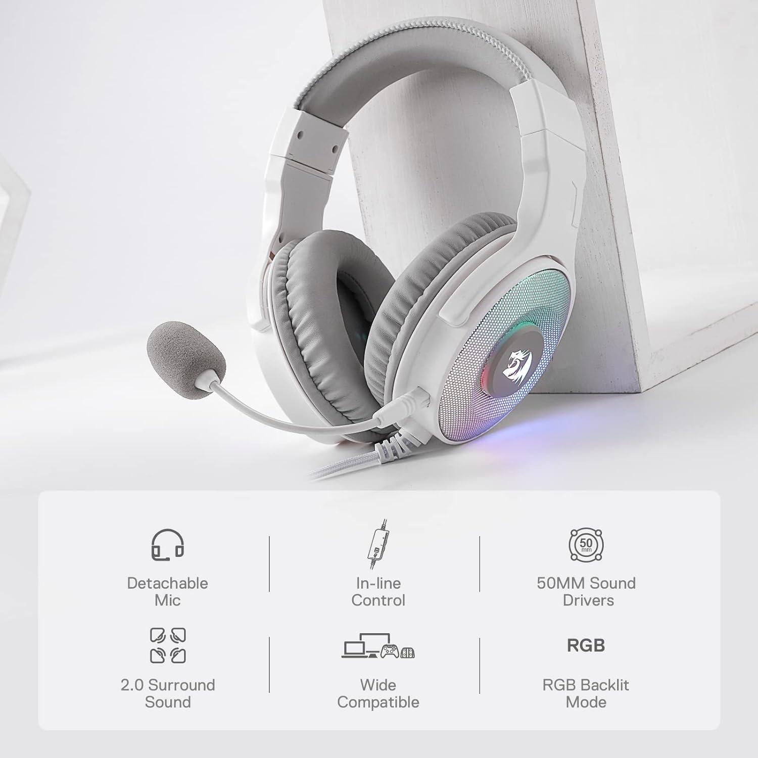 Auriculares Gaming Redragon H350 Blancos con RGB y Sonido 50mm