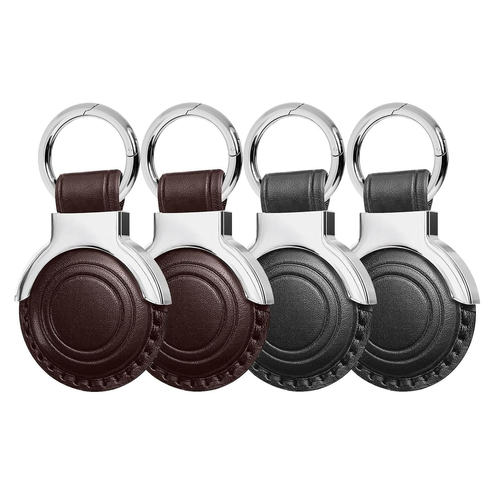 Genuine Leather All-in Package for Airtag Holder Designed for Apple for Airtags Keychains.Compact Design with Key Rings for Added Convenience and Protective Casing for Airtag (Black+Brown