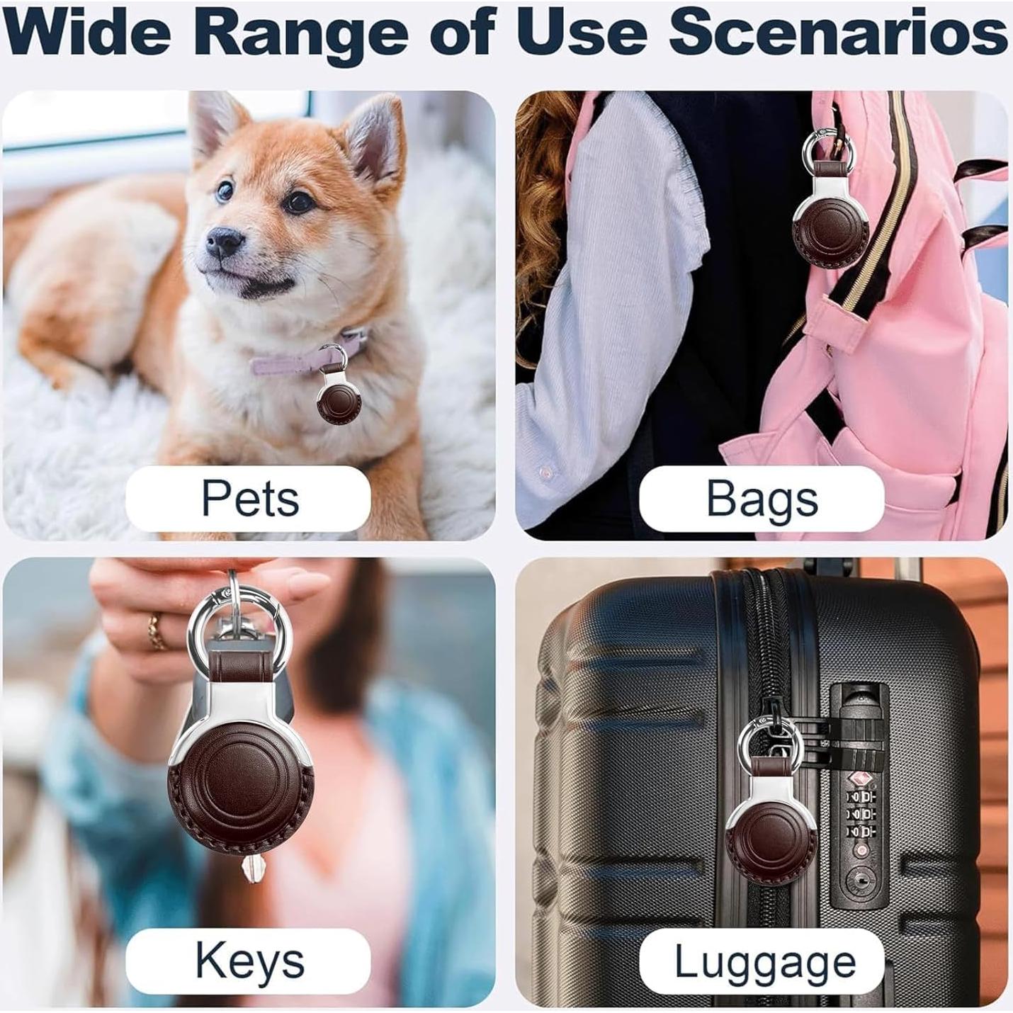 Genuine Leather All-in Package for Airtag Holder Designed for Apple for Airtags Keychains.Compact Design with Key Rings for Added Convenience and Protective Casing for Airtag (Black+Brown