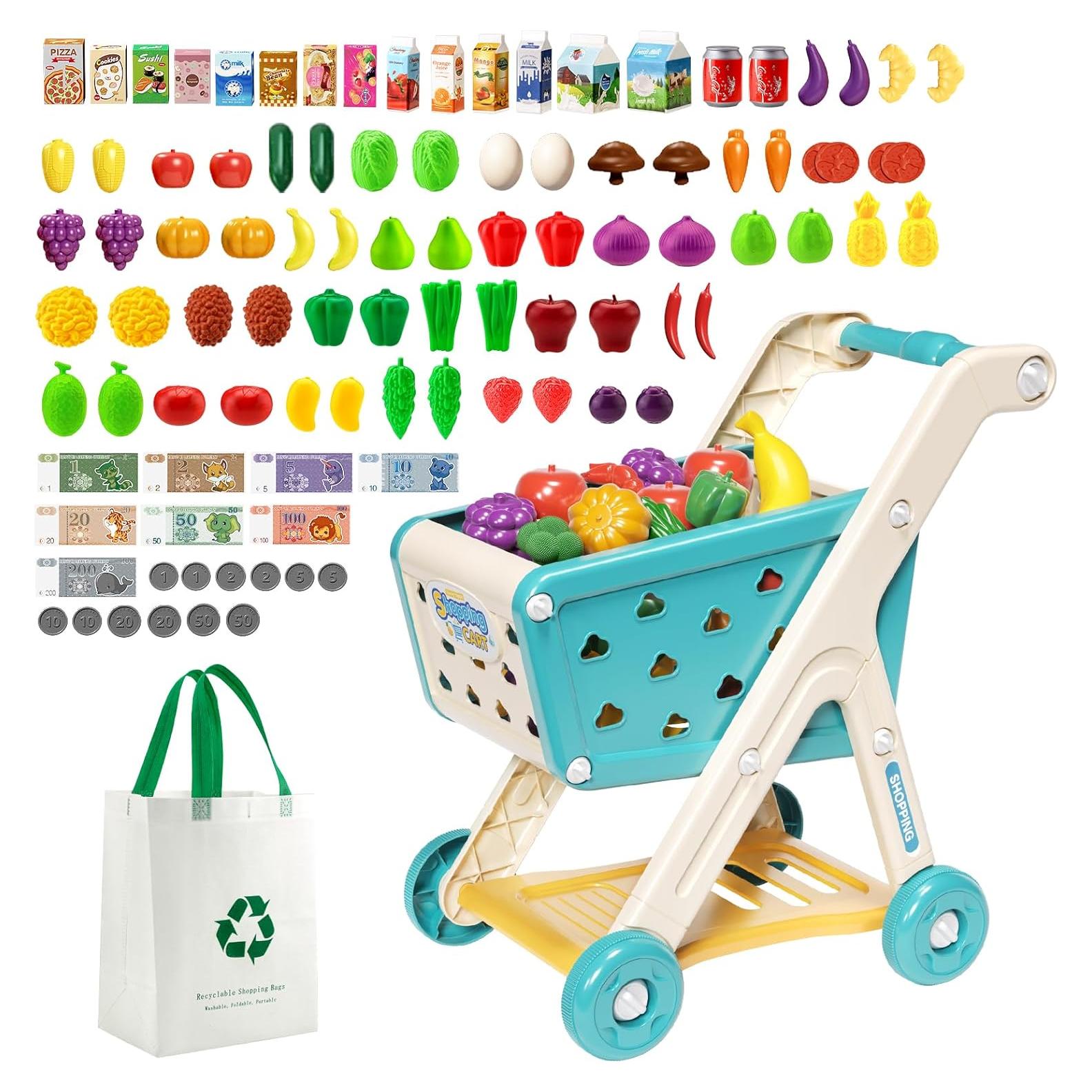 98pcs Kids Shopping Cart Trolley Play Set with Pretend Food and Accessories,Perfect for Ages 3+ Pretend Play and Role-Playing Games