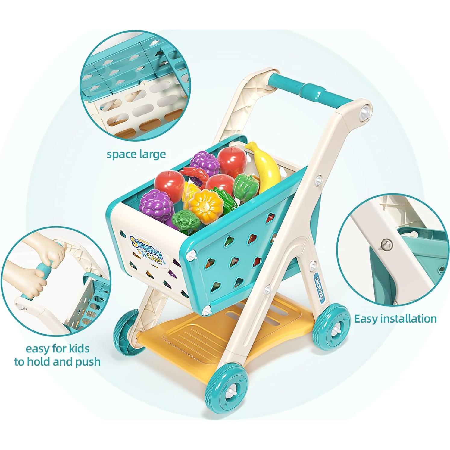 98pcs Kids Shopping Cart Trolley Play Set with Pretend Food and Accessories,Perfect for Ages 3+ Pretend Play and Role-Playing Games