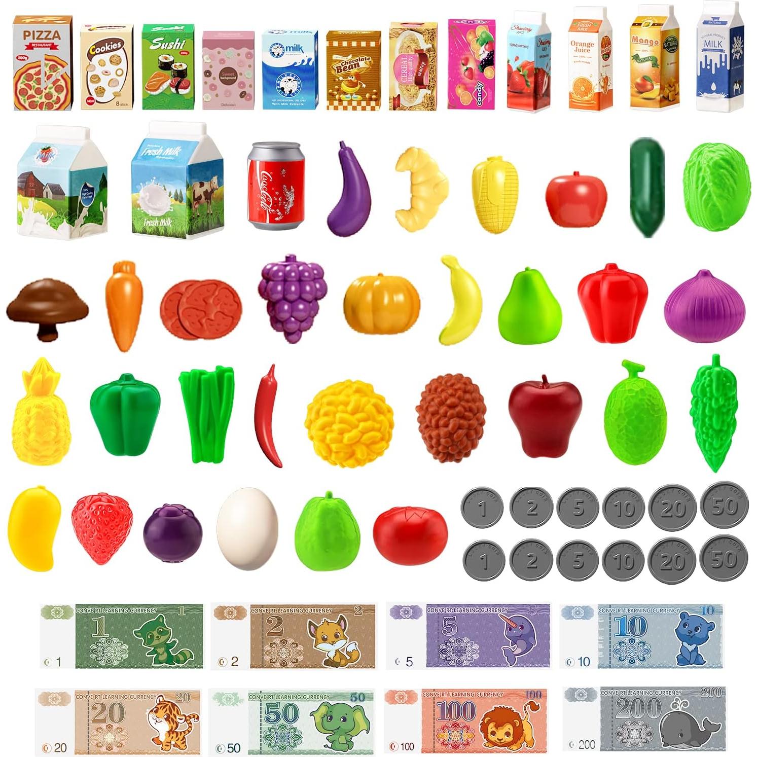 98pcs Kids Shopping Cart Trolley Play Set with Pretend Food and Accessories,Perfect for Ages 3+ Pretend Play and Role-Playing Games