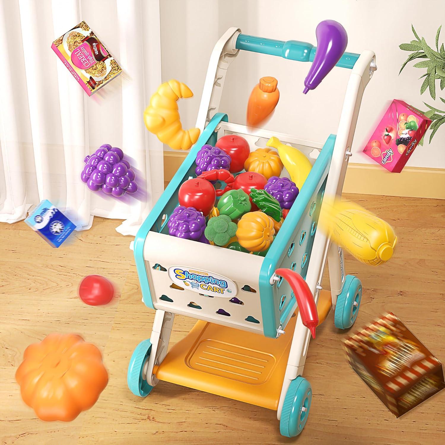 98pcs Kids Shopping Cart Trolley Play Set with Pretend Food and Accessories,Perfect for Ages 3+ Pretend Play and Role-Playing Games