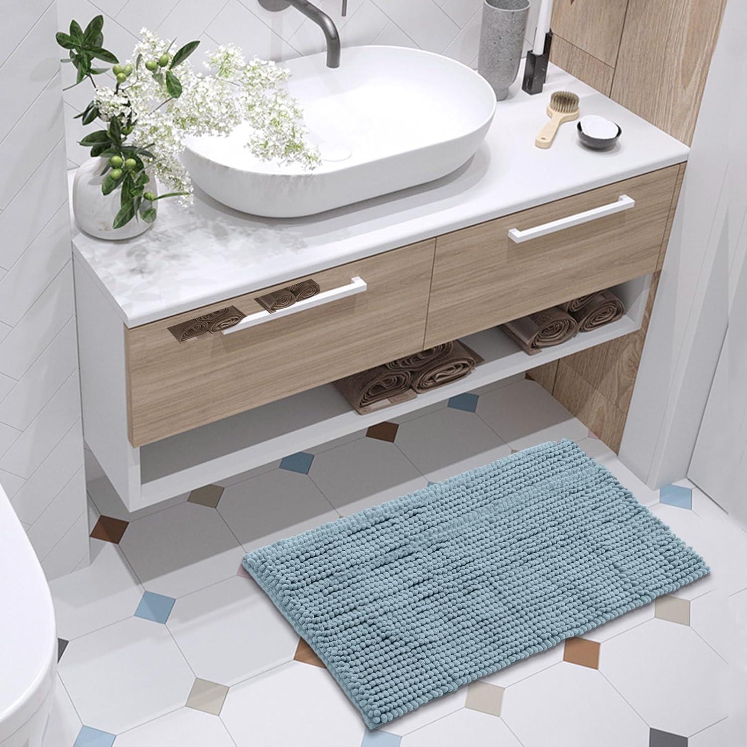 FRESHMINT Chenille Bathroom Rugs Mat 24"x17", Non-Slip Bath Mat for Bathroom Floor, Washable Soft Thick Water Absorbent Microfiber Shower Mat, Blue