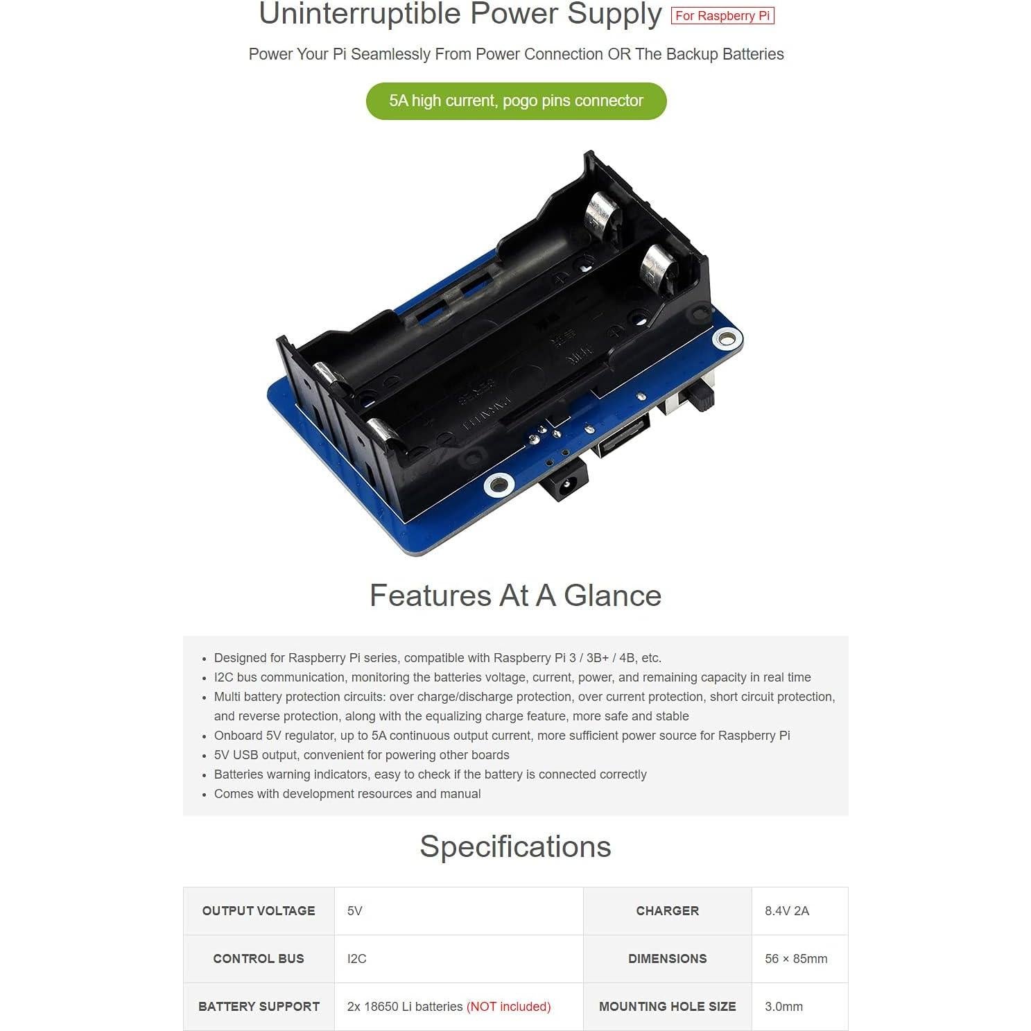 UPS HAT Waveshare para Raspberry Pi 5V 5A Alimentación