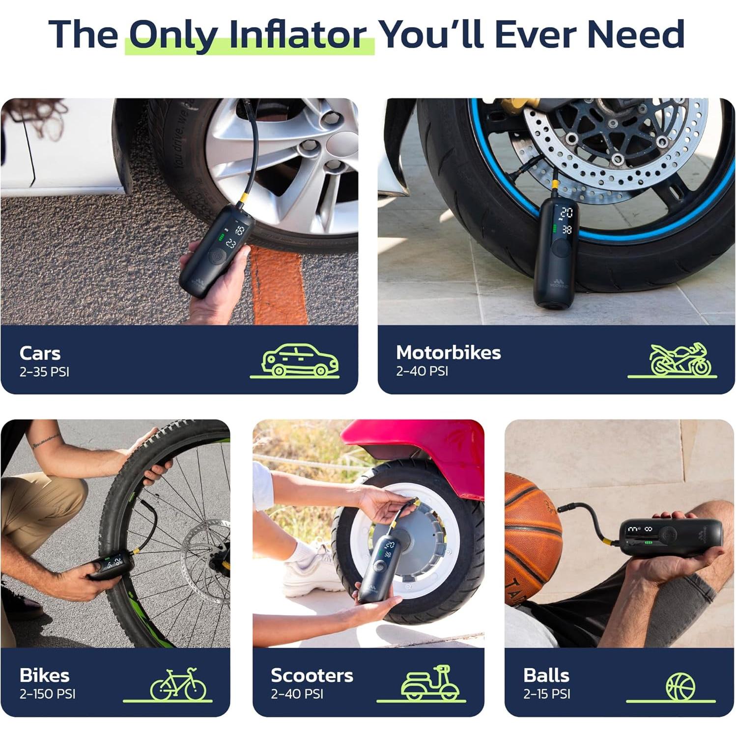 Compresor de Aire Portátil Woowind LP1, 150 PSI, Batería Recargable