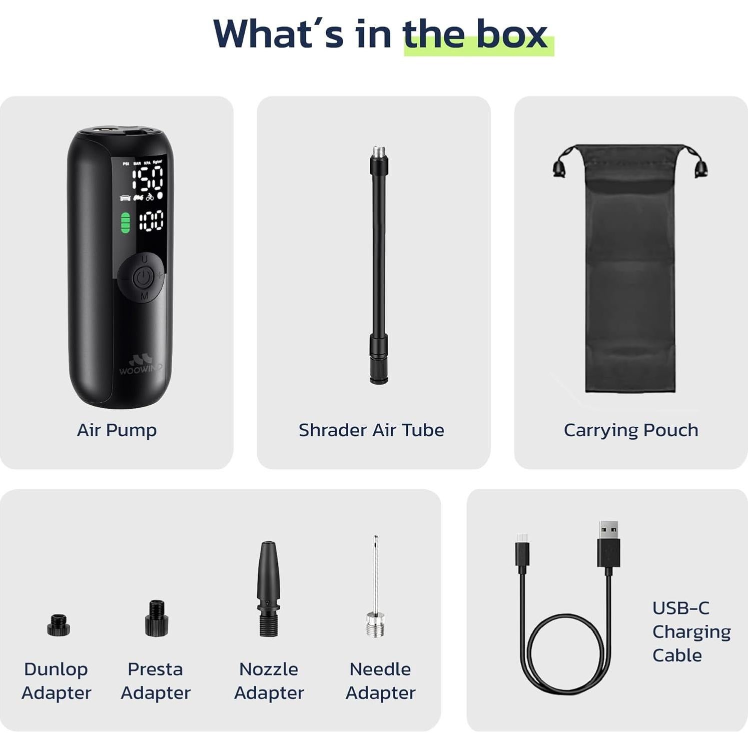 Compresor de Aire Portátil Woowind LP1, 150 PSI, Batería Recargable