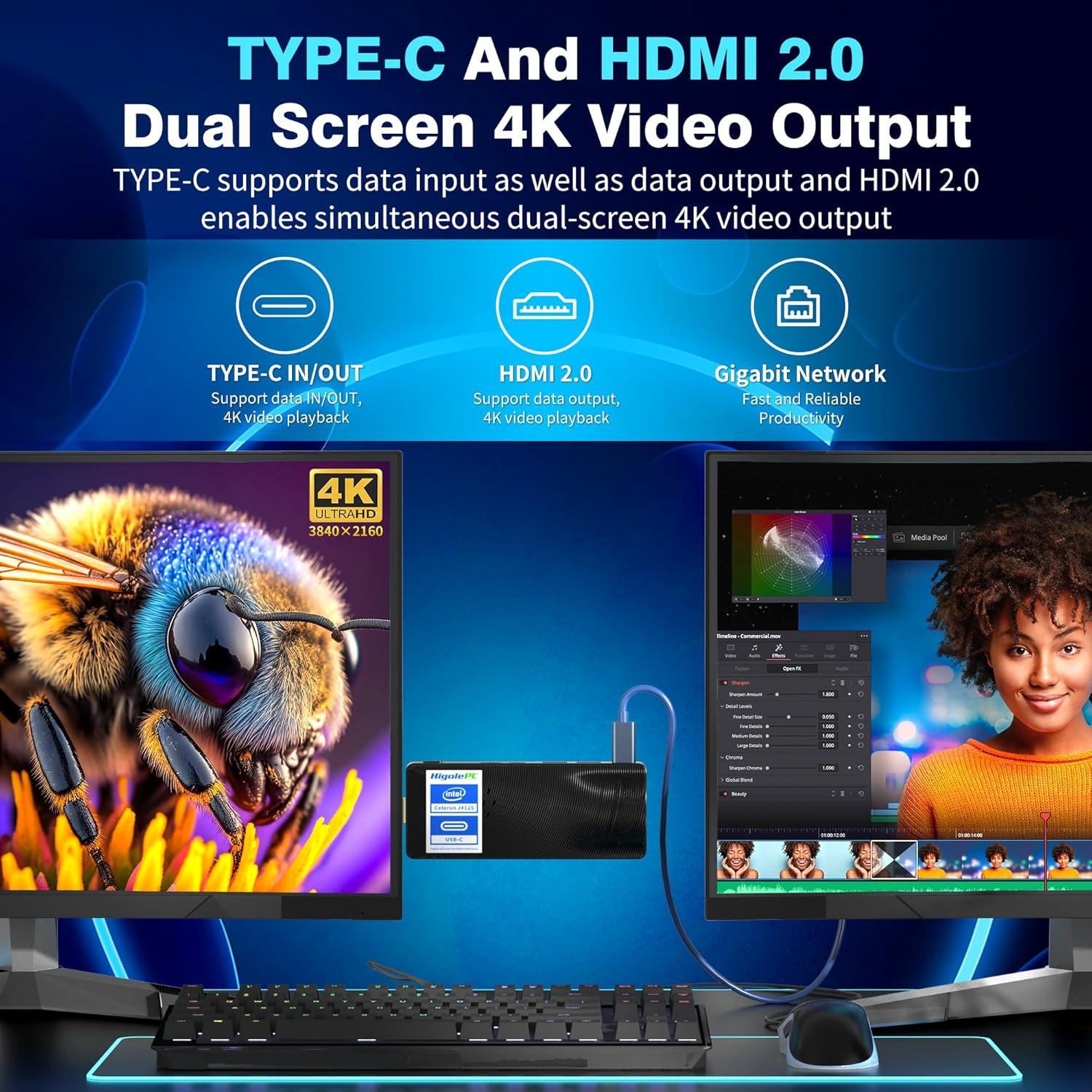 Mini PC Stick HEIGAOLA Celeron J4125 8GB RAM 128GB Win 11 Pro